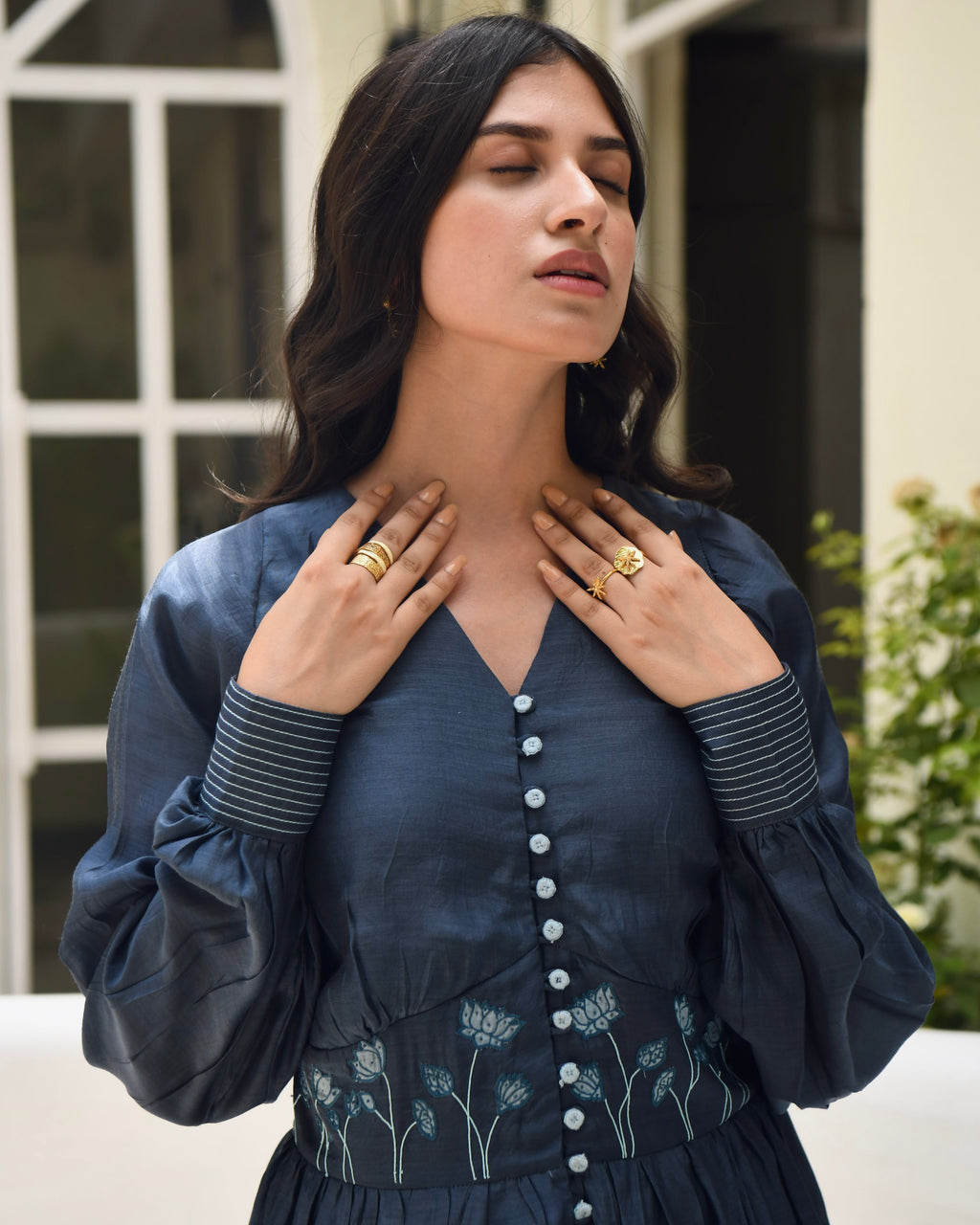 Blue Embroidered Silk Maxi Dress at Kamakhyaa by Taro. This item is Best Selling, Blue, Dusk To Dawn, Embroidered, Evening Wear, FB ADS JUNE, July Sale, July Sale 2023, Maxi Dresses, Modal silk, Natural, Regular Fit, Shirt Dresses, Silk, Womenswear