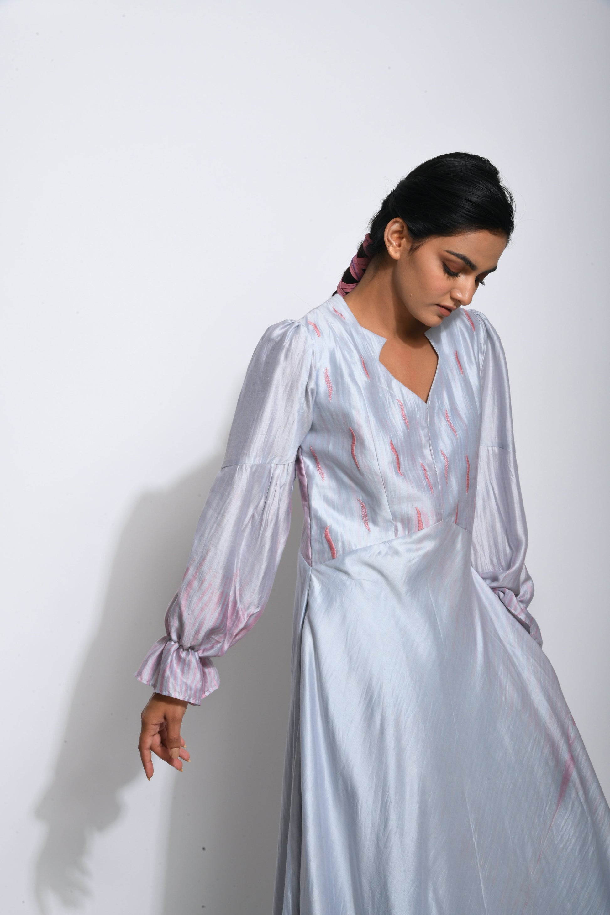 Blue Embroidered Silk Maxi Dress at Kamakhyaa by The Loom Art. This item is Between the Lines, Blue, July Sale, July Sale 2023, Maxi Dresses, Natural, Party Wear, Regular Fit, Silk Handwoven, Solids, Womenswear