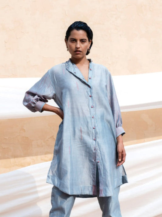 Blue Embroidered Silk Shirt at Kamakhyaa by The Loom Art. This item is Best Selling, Between the Lines, Blue, Chanderi Silk, July Sale, July Sale 2023, Natural, Party Wear, Regular Fit, Shirts, Solids, Tops, Womenswear