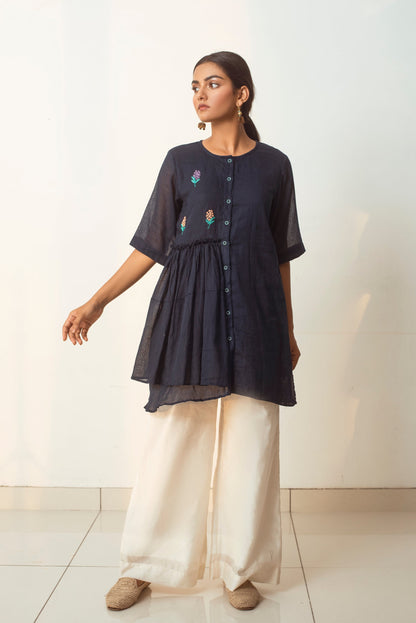 Blue Embroidered Tunic Top at Kamakhyaa by The Loom Art. This item is Blue, Cotton Kota Slub, Embroidered, July Sale, July Sale 2023, Natural, Party Wear, Regular Fit, Shirts, Tops, Womenswear