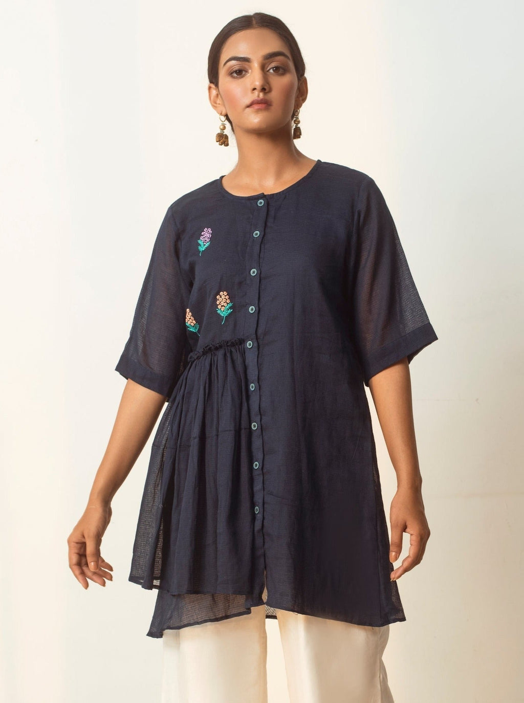 Blue Embroidered Tunic Top at Kamakhyaa by The Loom Art. This item is Blue, Cotton Kota Slub, Embroidered, July Sale, July Sale 2023, Natural, Party Wear, Regular Fit, Shirts, Tops, Womenswear