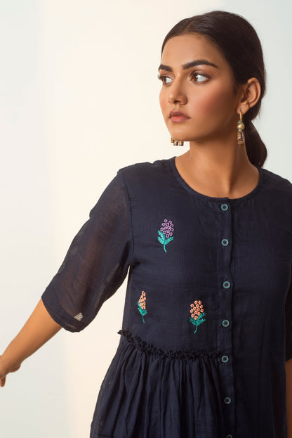 Blue Embroidered Tunic Top at Kamakhyaa by The Loom Art. This item is Blue, Cotton Kota Slub, Embroidered, July Sale, July Sale 2023, Natural, Party Wear, Regular Fit, Shirts, Tops, Womenswear