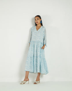 Blue Floral Midi Dress at Kamakhyaa by Reistor. This item is Bemberg, Blue, Casual Wear, FB ADS JUNE, Midi Dresses, Natural, Printed Selfsame, Prints, Regular Fit, Tiered Dresses, Womenswear