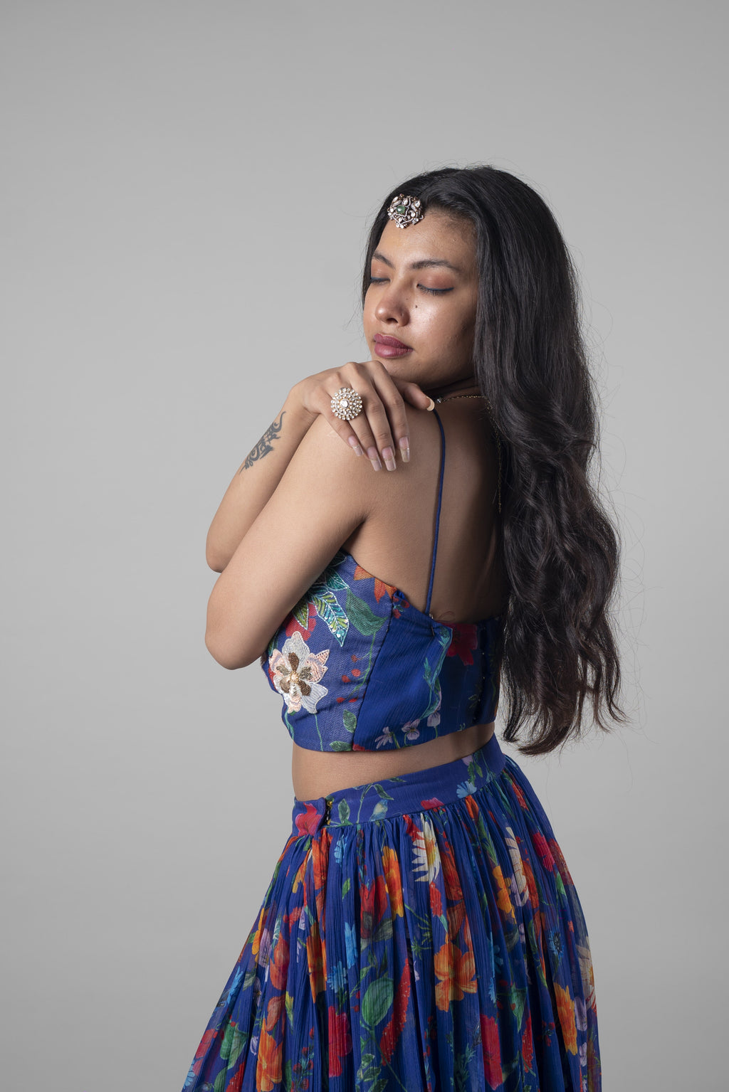 Blue Floral Sequins And Prints Crepe Lehenga at Kamakhyaa by Ewoke. This item is Bemberg crepe, Blue, Embroidered, Ewoke, Festive Wear, Lehenga Sets, Natural, Relaxed Fit, Womenswear