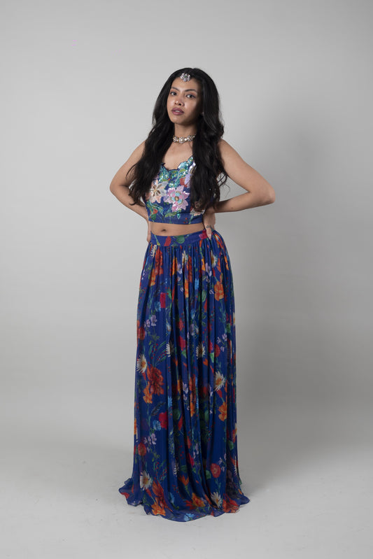Blue Floral Sequins And Prints Crepe Lehenga at Kamakhyaa by Ewoke. This item is Bemberg crepe, Blue, Embroidered, Ewoke, Festive Wear, Lehenga Sets, Natural, Relaxed Fit, Womenswear