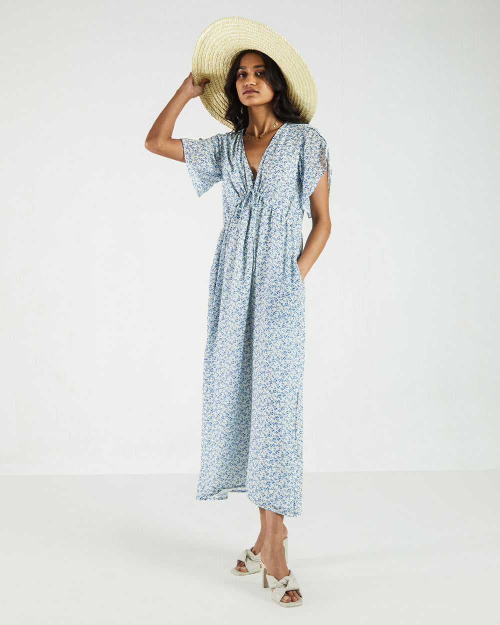 Blue Flowy Dress at Kamakhyaa by Reistor. This item is Bemberg, Best Selling, Blue, Casual Wear, Midi Dresses, Natural, Prints, Regular Fit, Womenswear