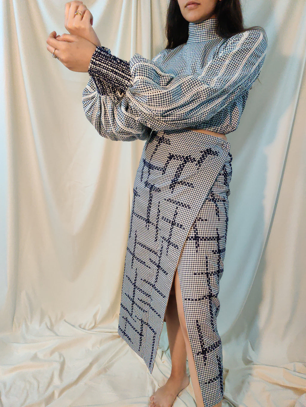 Blue Full Sleeve Check Cord Set at Kamakhyaa by Chambray & Co.. This item is Best Selling, Blue, Casual Wear, Checks, Co-ord Sets, Cotton, Natural, Regular Fit, Skirt Sets, Tencel, Vacation Co-ords, White, Womenswear