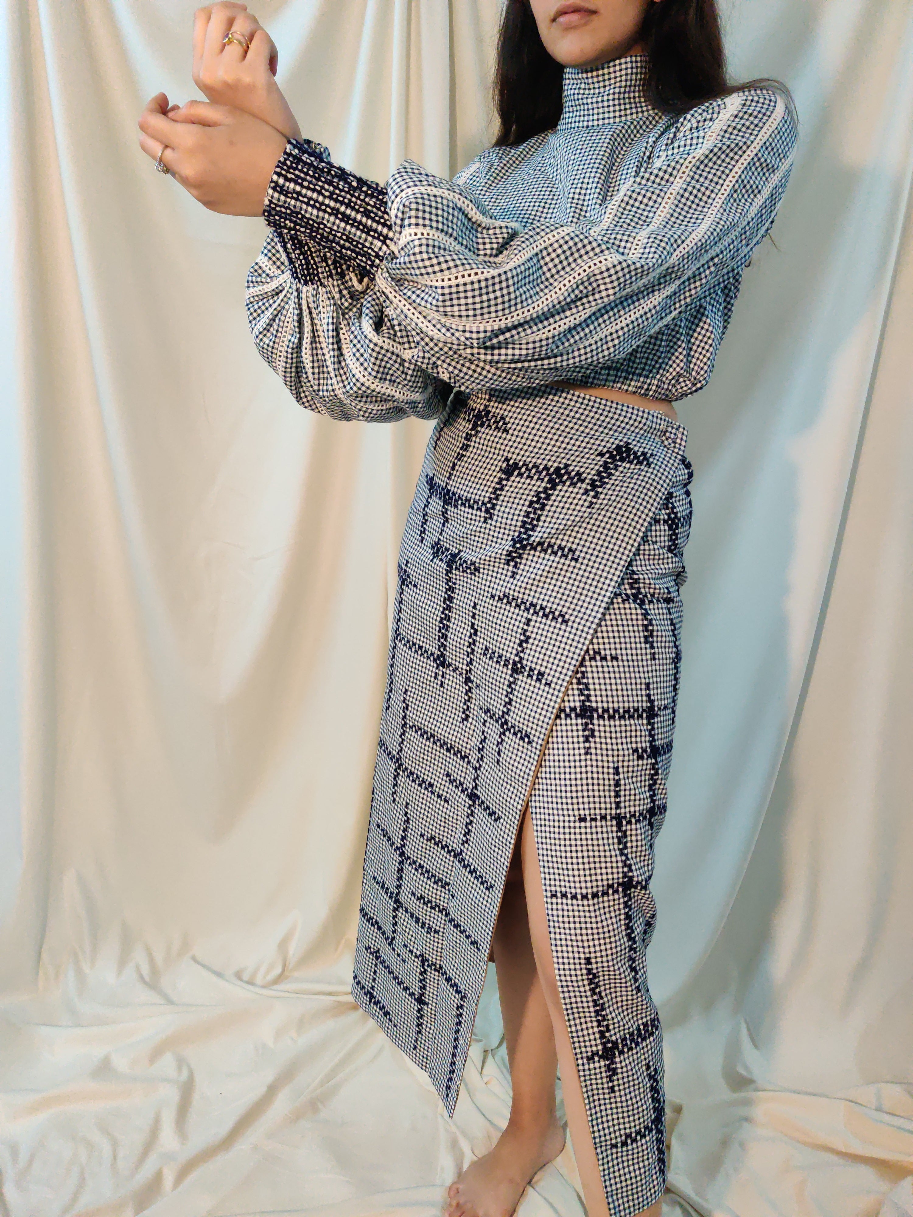 Blue Full Sleeve Check Cord Set at Kamakhyaa by Chambray & Co.. This item is Best Selling, Blue, Casual Wear, Checks, Co-ord Sets, Cotton, Natural, Regular Fit, Skirt Sets, Tencel, Vacation Co-ords, White, Womenswear