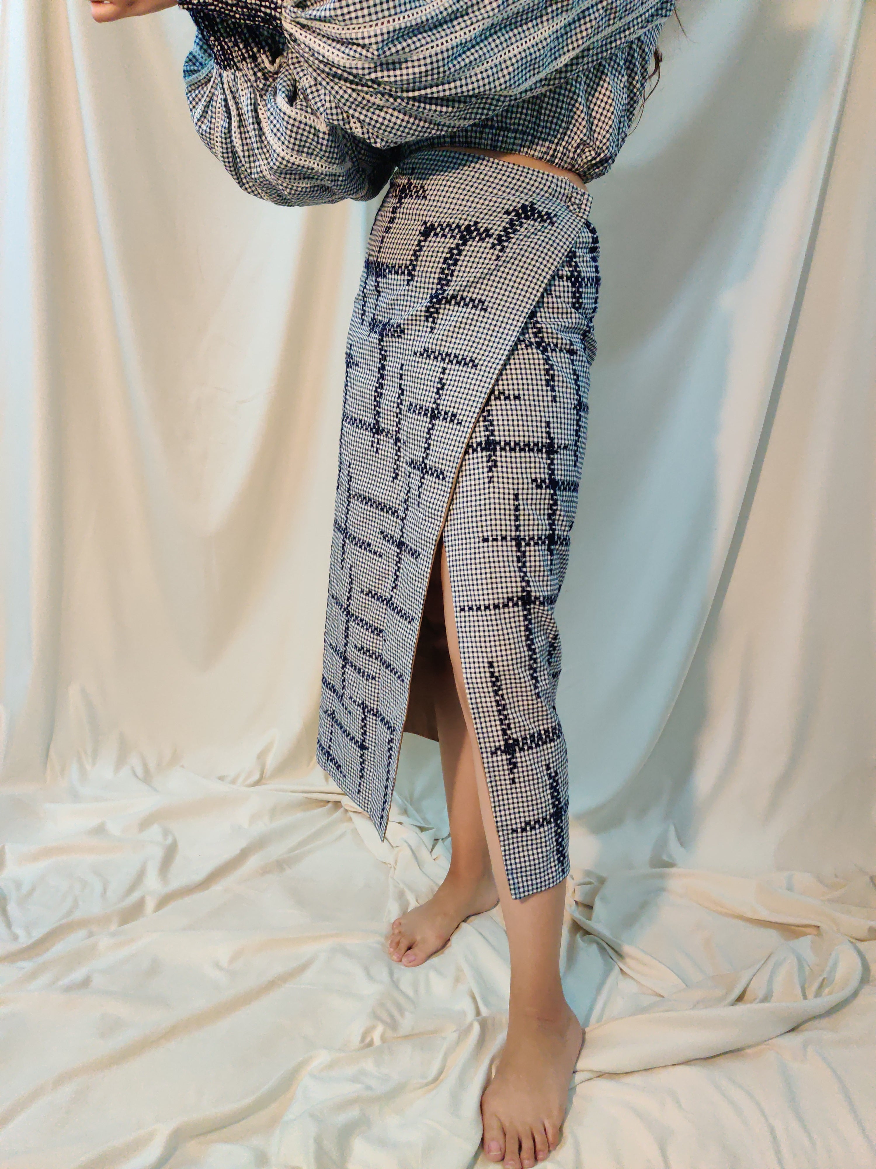 Blue Full Sleeve Check Cord Set at Kamakhyaa by Chambray & Co.. This item is Best Selling, Blue, Casual Wear, Checks, Co-ord Sets, Cotton, Natural, Regular Fit, Skirt Sets, Tencel, Vacation Co-ords, White, Womenswear