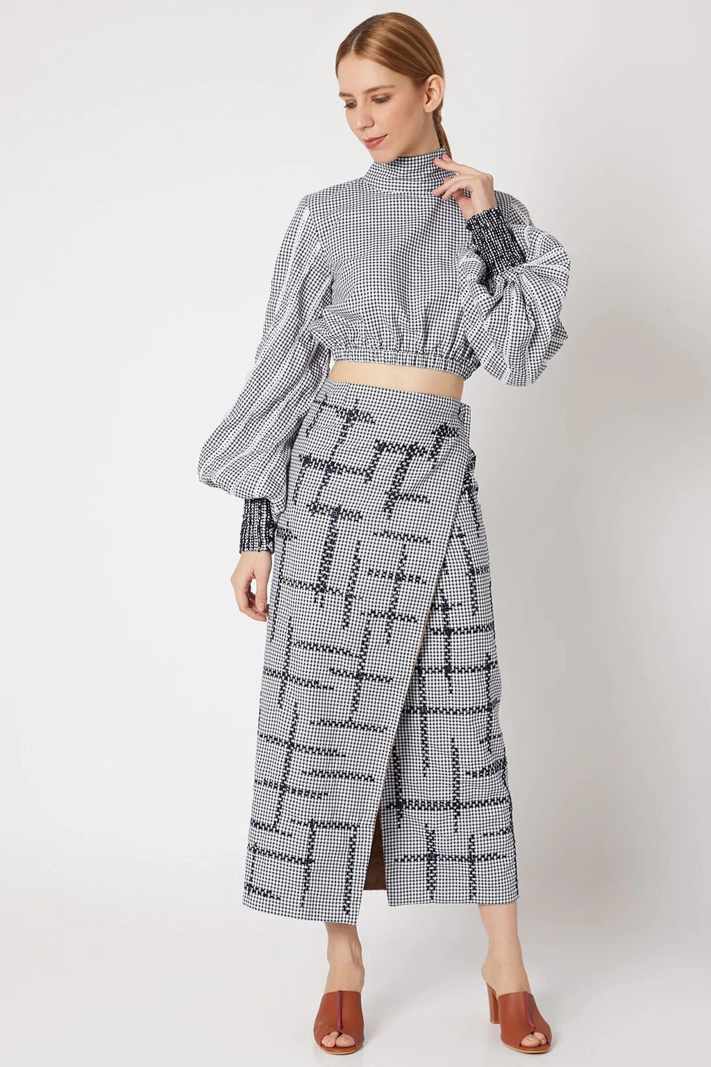 Blue Full Sleeve Check Cord Set at Kamakhyaa by Chambray & Co.. This item is Best Selling, Blue, Casual Wear, Checks, Co-ord Sets, Cotton, Natural, Regular Fit, Skirt Sets, Tencel, Vacation Co-ords, White, Womenswear