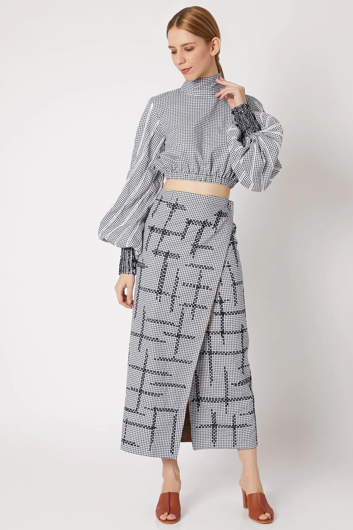 Blue Full Sleeve Check Cord Set at Kamakhyaa by Chambray & Co.. This item is Best Selling, Blue, Casual Wear, Checks, Co-ord Sets, Cotton, Natural, Regular Fit, Skirt Sets, Tencel, Vacation Co-ords, White, Womenswear
