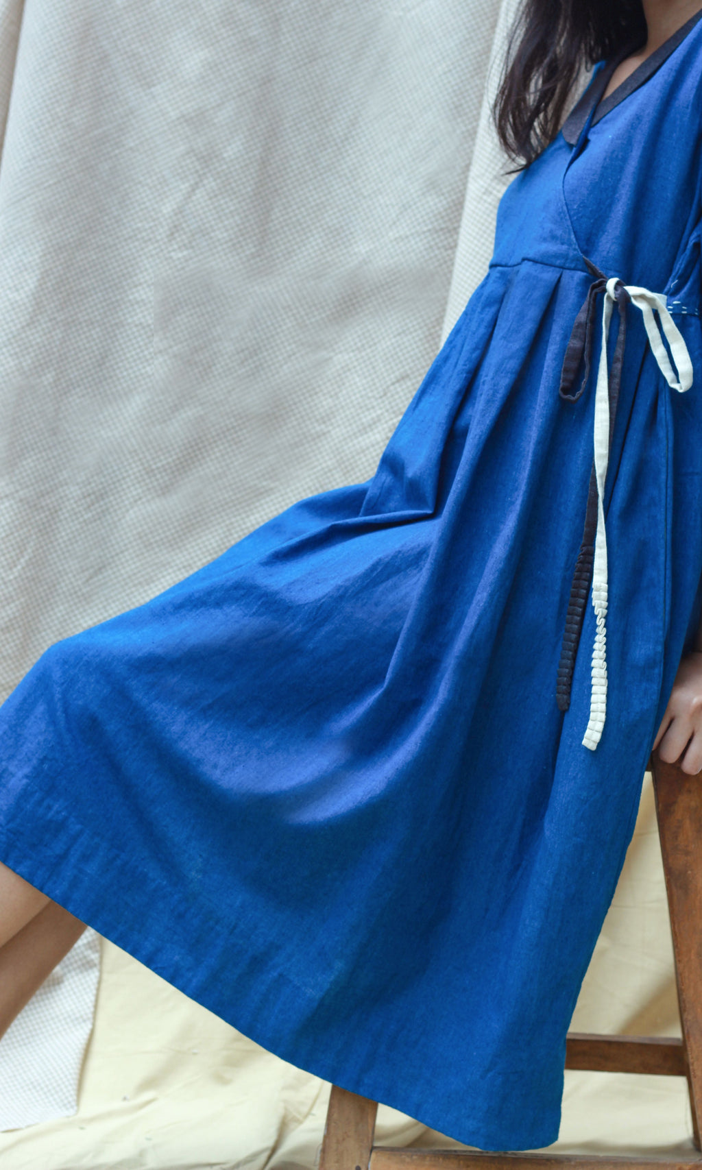 Blue Full Sleeves Midi Dress at Kamakhyaa by Chambray & Co.. This item is Blue, Casual Wear, Hand Spun Cotton, Midi Dresses, Natural, Regular Fit, Render, Solids, Womenswear, Wrap Dresses