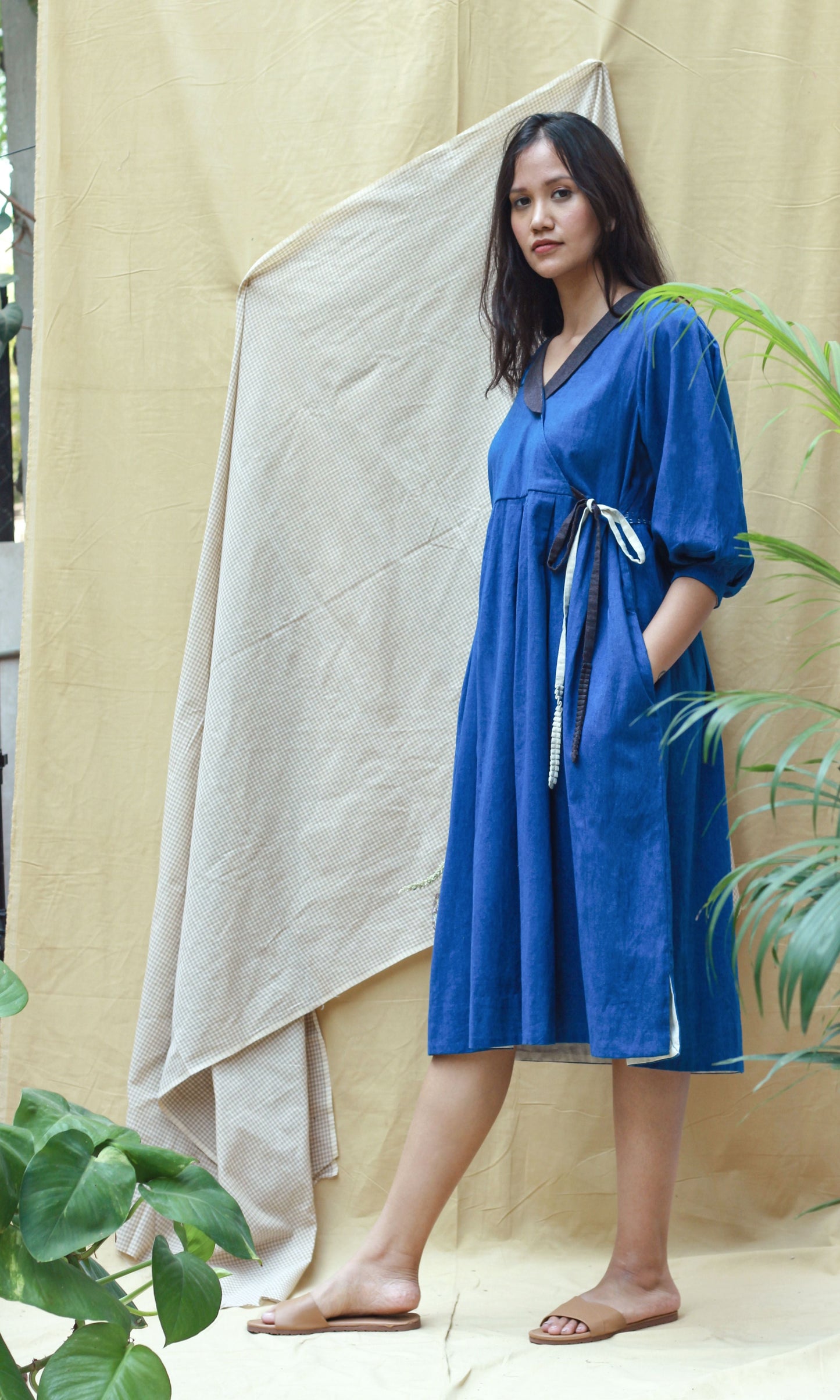 Blue Full Sleeves Midi Dress at Kamakhyaa by Chambray & Co.. This item is Blue, Casual Wear, Hand Spun Cotton, Midi Dresses, Natural, Regular Fit, Render, Solids, Womenswear, Wrap Dresses