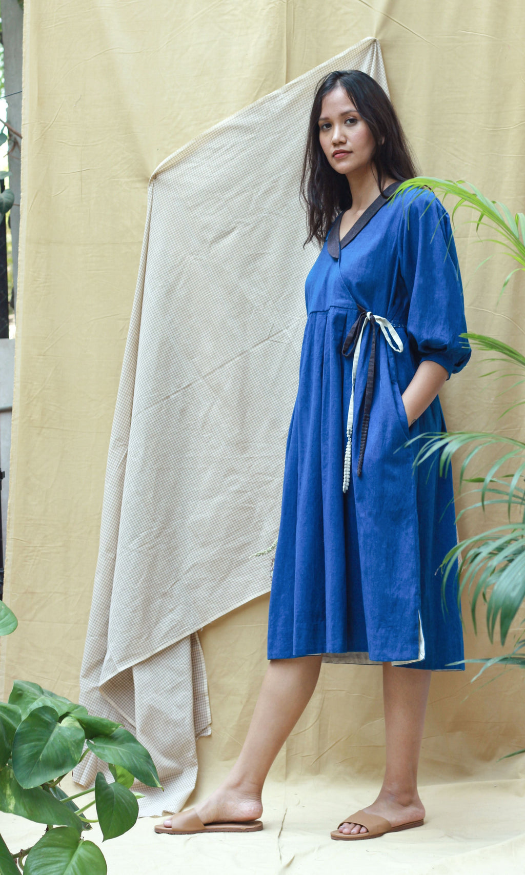 Blue Full Sleeves Midi Dress at Kamakhyaa by Chambray & Co.. This item is Blue, Casual Wear, Hand Spun Cotton, Midi Dresses, Natural, Regular Fit, Render, Solids, Womenswear, Wrap Dresses