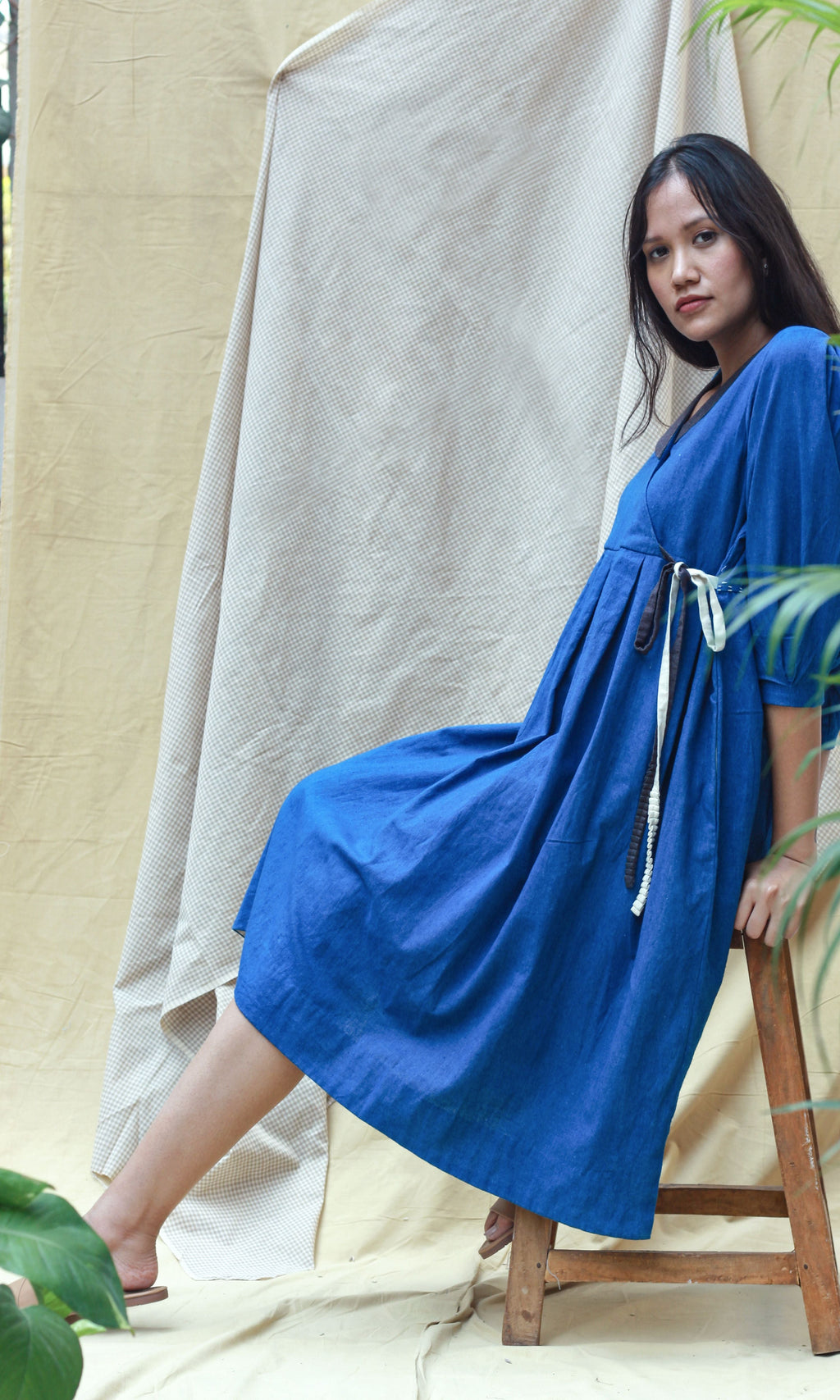 Blue Full Sleeves Midi Dress at Kamakhyaa by Chambray & Co.. This item is Blue, Casual Wear, Hand Spun Cotton, Midi Dresses, Natural, Regular Fit, Render, Solids, Womenswear, Wrap Dresses
