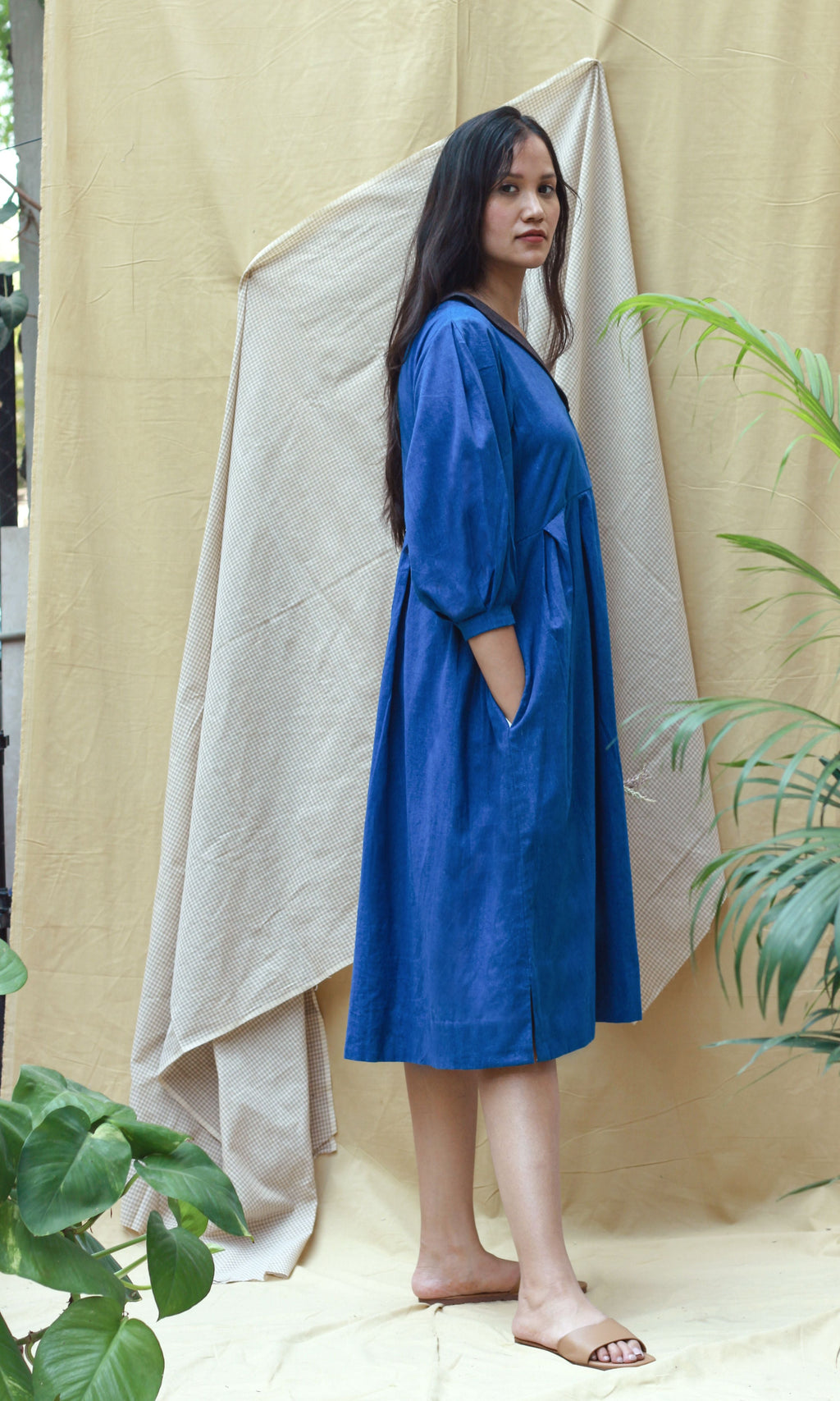 Blue Full Sleeves Midi Dress at Kamakhyaa by Chambray & Co.. This item is Blue, Casual Wear, Hand Spun Cotton, Midi Dresses, Natural, Regular Fit, Render, Solids, Womenswear, Wrap Dresses
