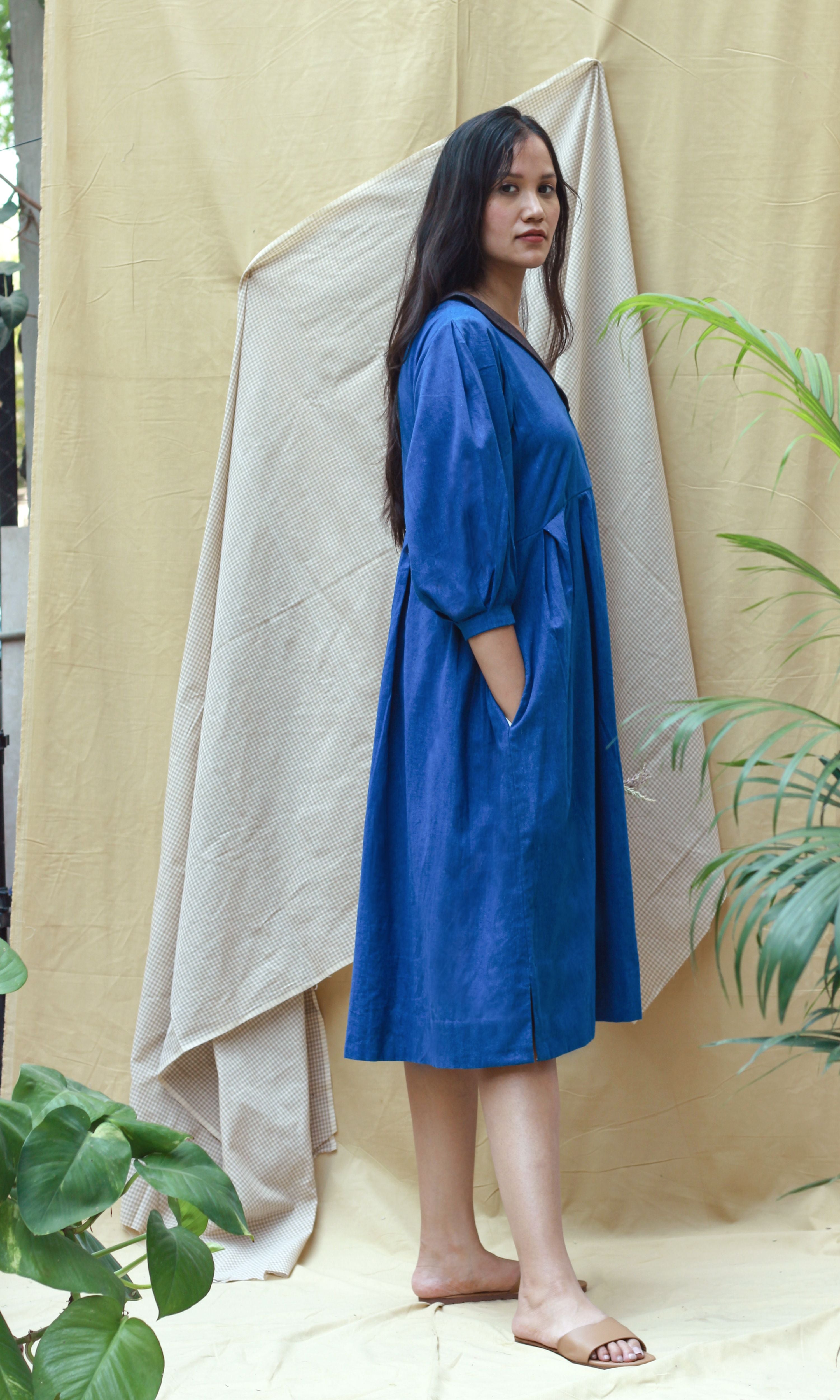 Blue Full Sleeves Midi Dress at Kamakhyaa by Chambray & Co.. This item is Blue, Casual Wear, Hand Spun Cotton, Midi Dresses, Natural, Regular Fit, Render, Solids, Womenswear, Wrap Dresses