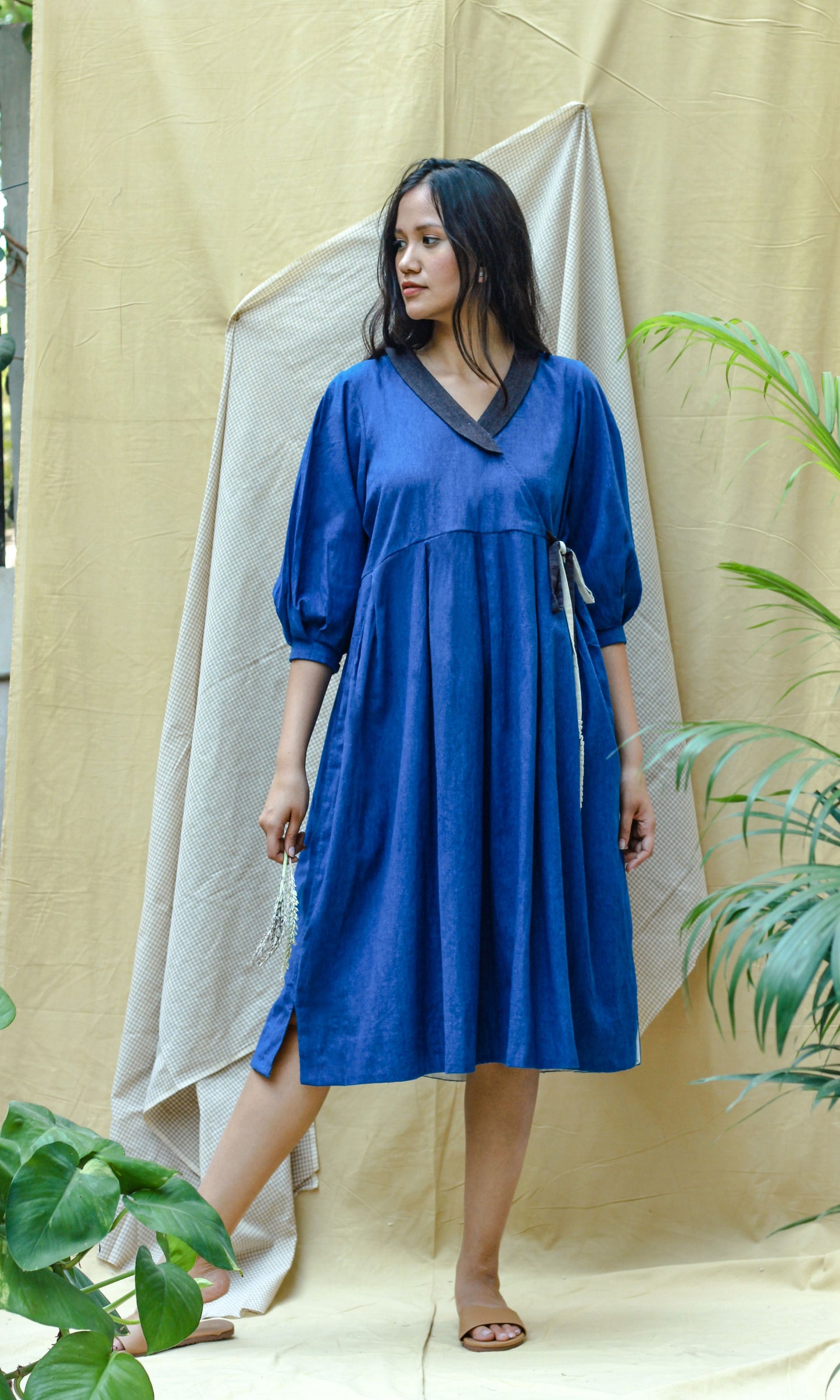 Blue Full Sleeves Midi Dress at Kamakhyaa by Chambray & Co.. This item is Blue, Casual Wear, Hand Spun Cotton, Midi Dresses, Natural, Regular Fit, Render, Solids, Womenswear, Wrap Dresses