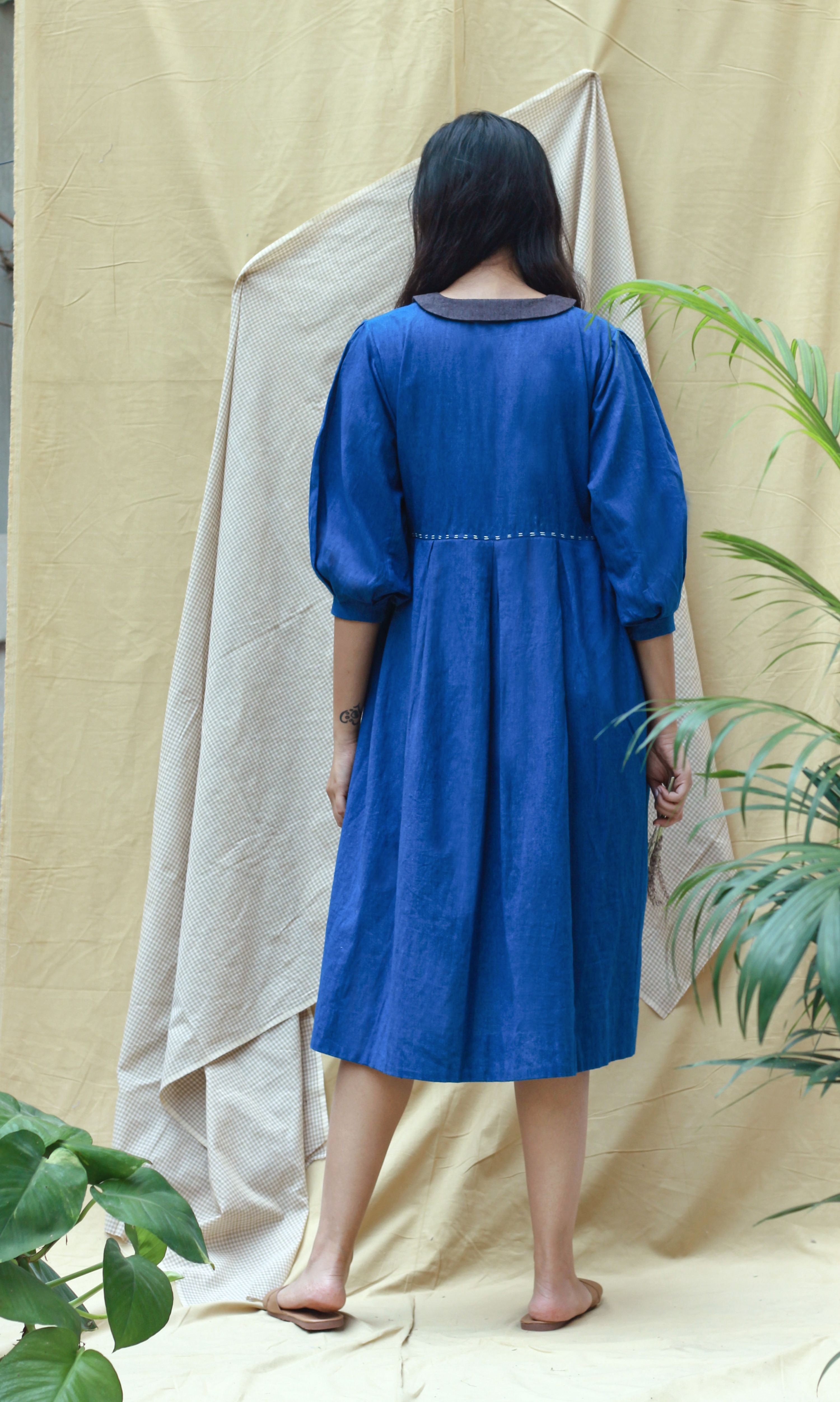 Blue Full Sleeves Midi Dress at Kamakhyaa by Chambray & Co.. This item is Blue, Casual Wear, Hand Spun Cotton, Midi Dresses, Natural, Regular Fit, Render, Solids, Womenswear, Wrap Dresses