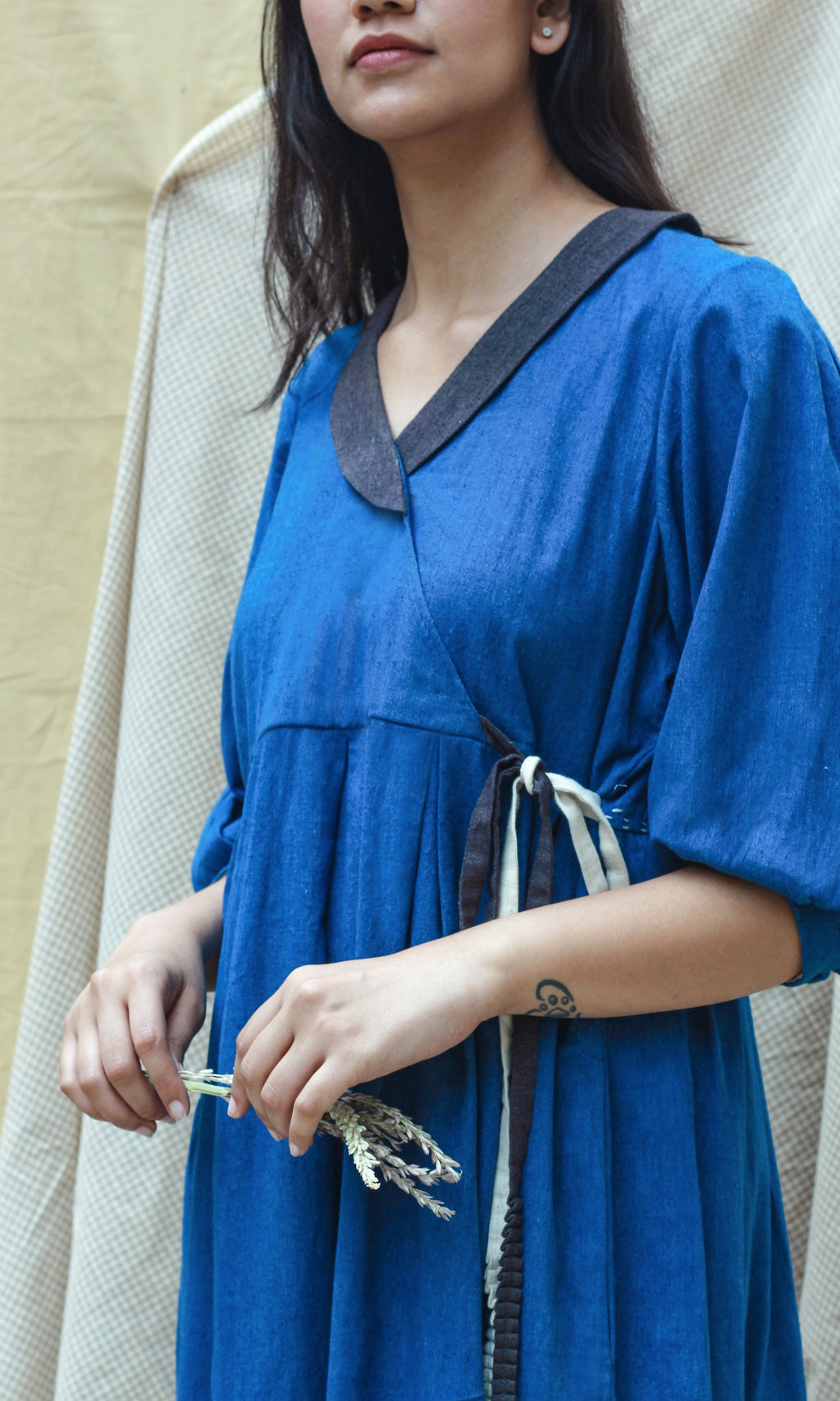 Blue Full Sleeves Midi Dress at Kamakhyaa by Chambray & Co.. This item is Blue, Casual Wear, Hand Spun Cotton, Midi Dresses, Natural, Regular Fit, Render, Solids, Womenswear, Wrap Dresses