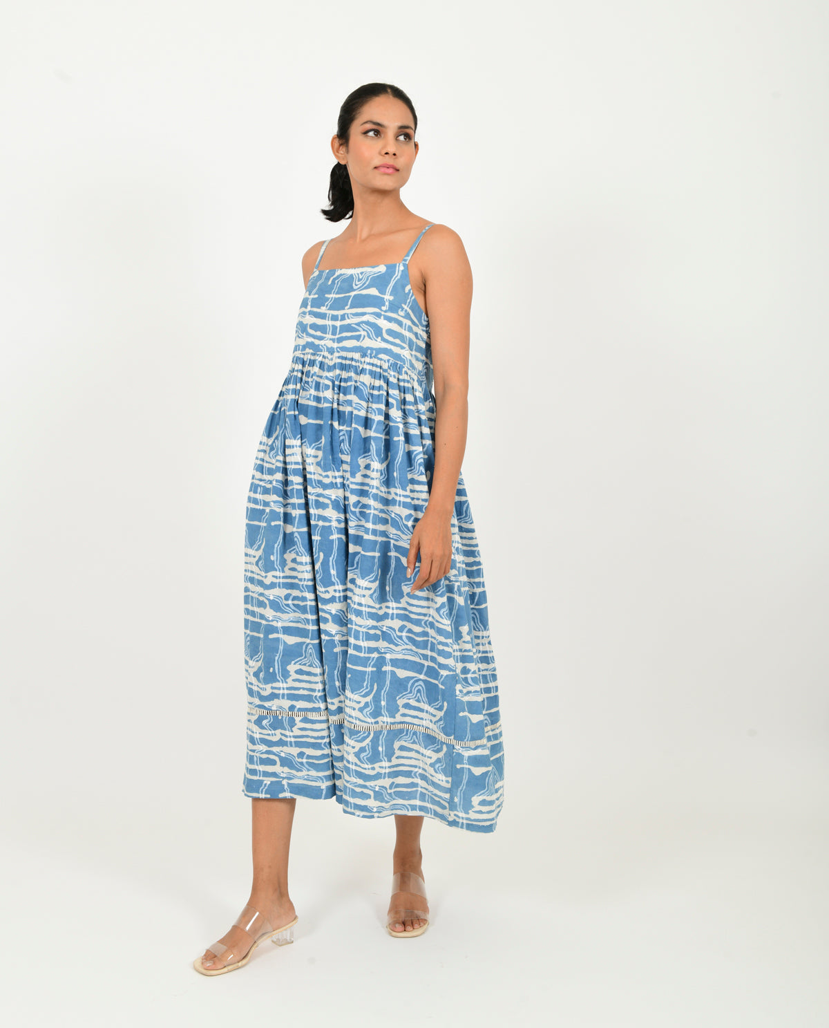 Blue Gather Dress at Kamakhyaa by Rias Jaipur. This item is 100% Organic Cotton, Blue, Casual Wear, Midi Dresses, Natural, Prints, Relaxed Fit, Scribble Prints, Sleeveless Dresses, Womenswear, Yaadein