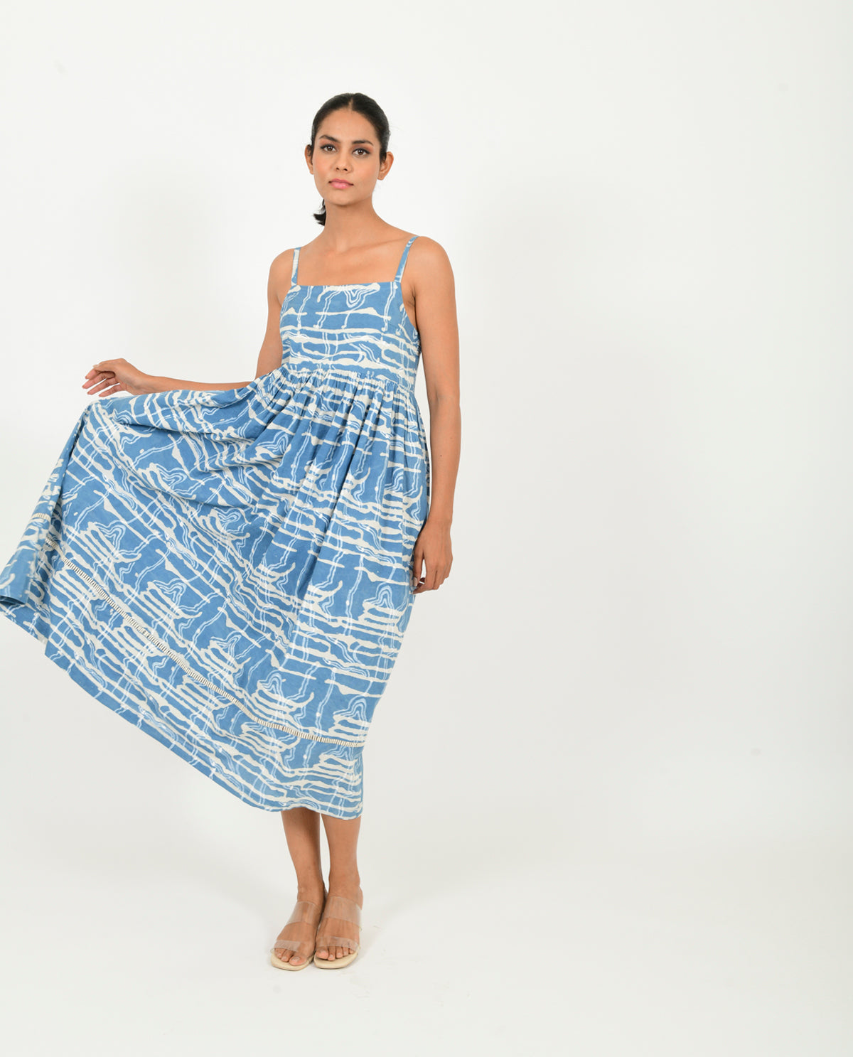 Blue Gather Dress at Kamakhyaa by Rias Jaipur. This item is 100% Organic Cotton, Blue, Casual Wear, Midi Dresses, Natural, Prints, Relaxed Fit, Scribble Prints, Sleeveless Dresses, Womenswear, Yaadein