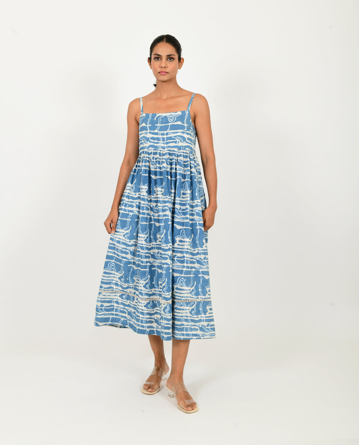 Blue Gather Dress at Kamakhyaa by Rias Jaipur. This item is 100% Organic Cotton, Blue, Casual Wear, Midi Dresses, Natural, Prints, Relaxed Fit, Scribble Prints, Sleeveless Dresses, Womenswear, Yaadein