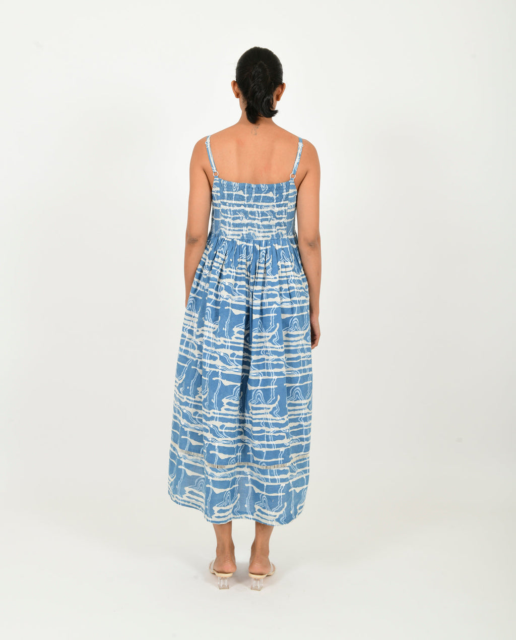 Blue Gather Dress at Kamakhyaa by Rias Jaipur. This item is 100% Organic Cotton, Blue, Casual Wear, Midi Dresses, Natural, Prints, Relaxed Fit, Scribble Prints, Sleeveless Dresses, Womenswear, Yaadein