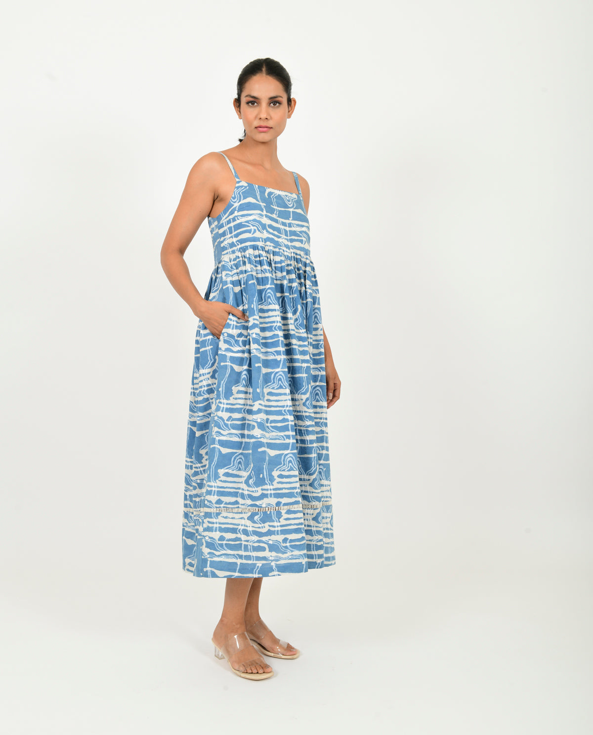 Blue Gather Dress at Kamakhyaa by Rias Jaipur. This item is 100% Organic Cotton, Blue, Casual Wear, Midi Dresses, Natural, Prints, Relaxed Fit, Scribble Prints, Sleeveless Dresses, Womenswear, Yaadein