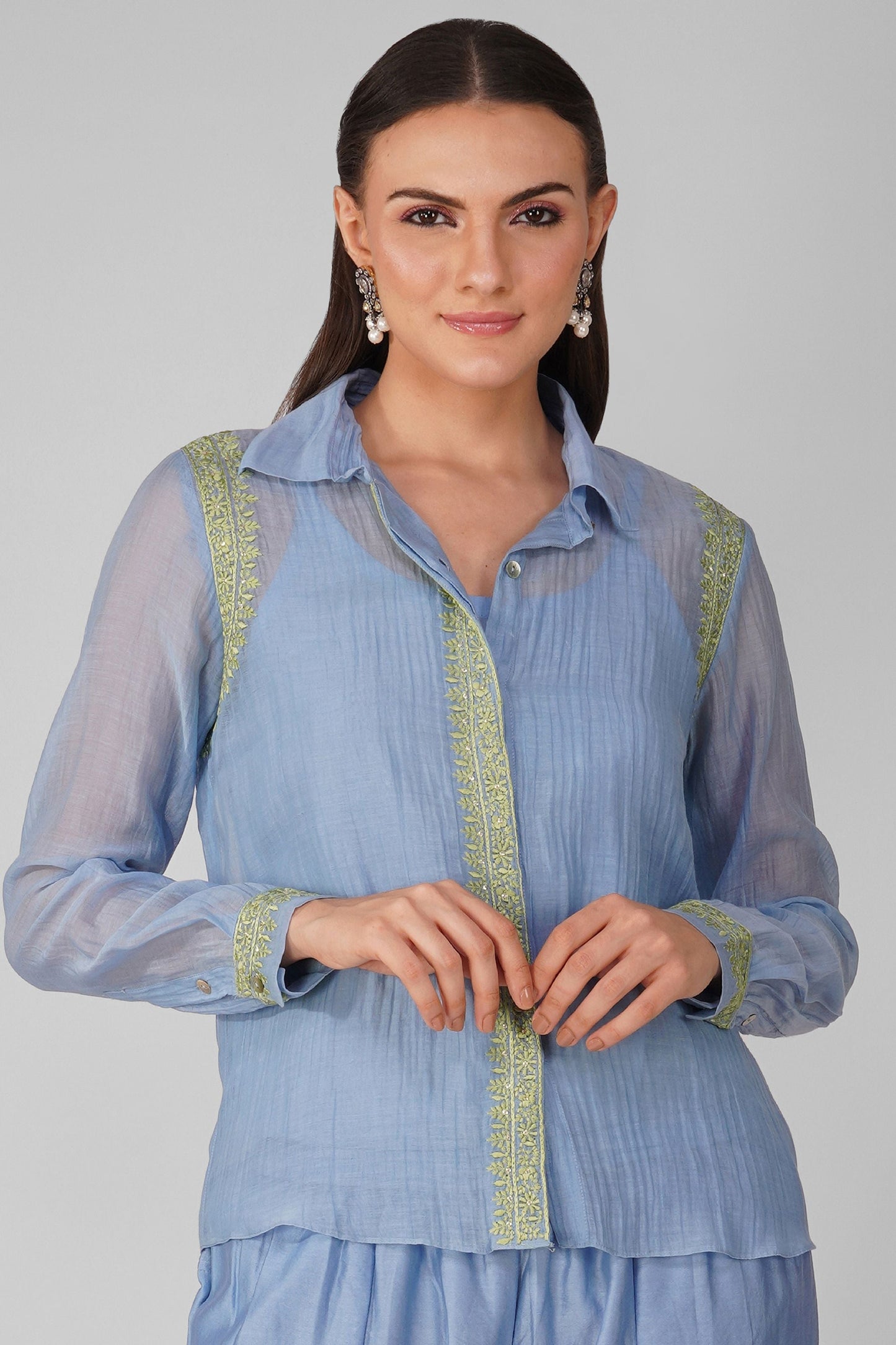 Blue Green Chanderi Shirt Set at Kamakhyaa by Devyani Mehrotra. This item is Blue, Chanderi, Embellished, Indian Wear, Natural, Party Wear, Regular Fit, Womenswear