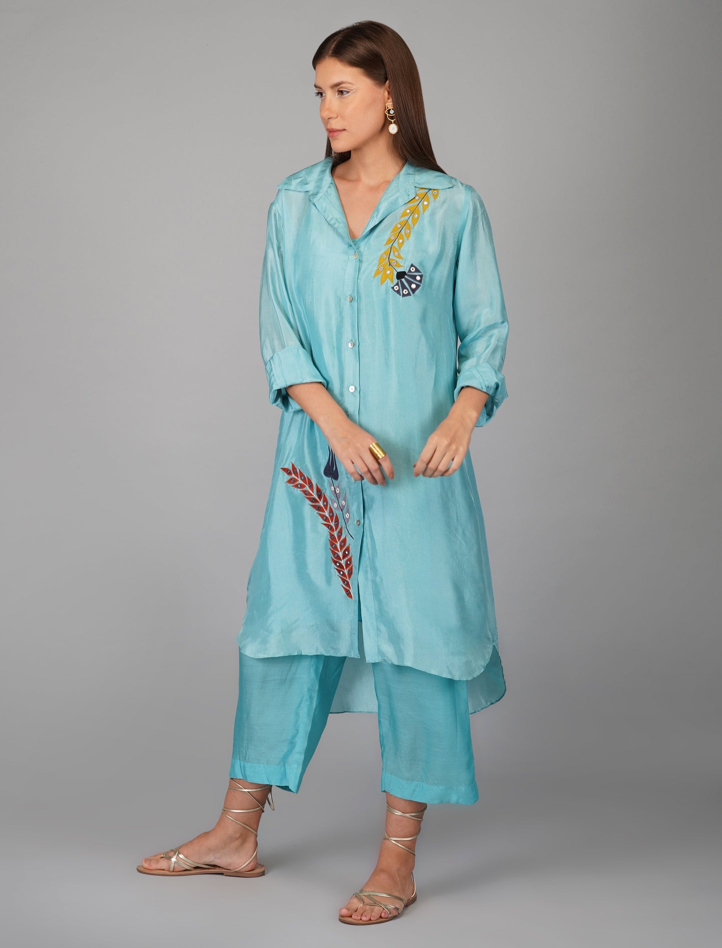 Blue Hand Embroidered Applique Co-ord Set at Kamakhyaa by Devyani Mehrotra. This item is Blue, Evening Wear, Natural, Office Wear Co-ords, Pre Spring 2023, Relaxed Fit, Solids, Viscose, Womenswear