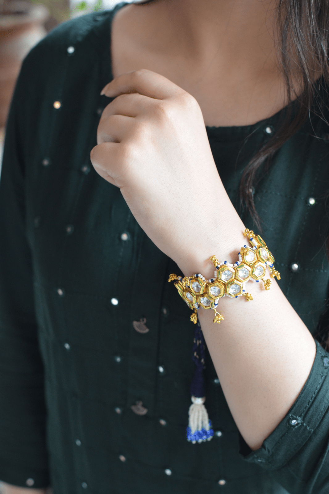 Blue Honeycomb Pochi Bracelet at Kamakhyaa by House Of Heer. This item is Alloy Metal, Bracelets, Festive Wear, Free Size, jewelry, Multicolor, Natural, rakhis & lumbas, Textured