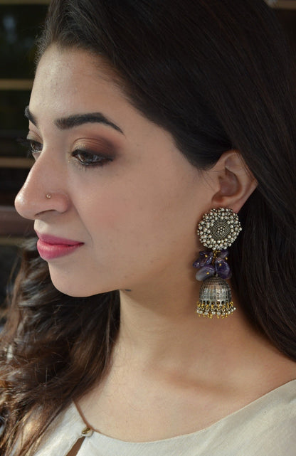 Blue Jhumkas Chaandrani at Kamakhyaa by House Of Heer. This item is Alloy Metal, Blue, Festive Jewellery, Festive Wear, Free Size, Gemstone, jewelry, July Sale, July Sale 2023, Long Earrings, Natural, Solids