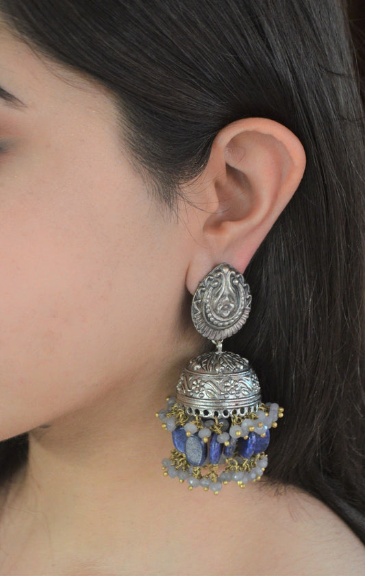 Blue Jhumkas Lapis at Kamakhyaa by House Of Heer. This item is Alloy Metal, Beaded Jewellery, Blue, Festive Jewellery, Festive Wear, Free Size, Gemstone, jewelry, Jhumkas, July Sale, July Sale 2023, Natural, Solids