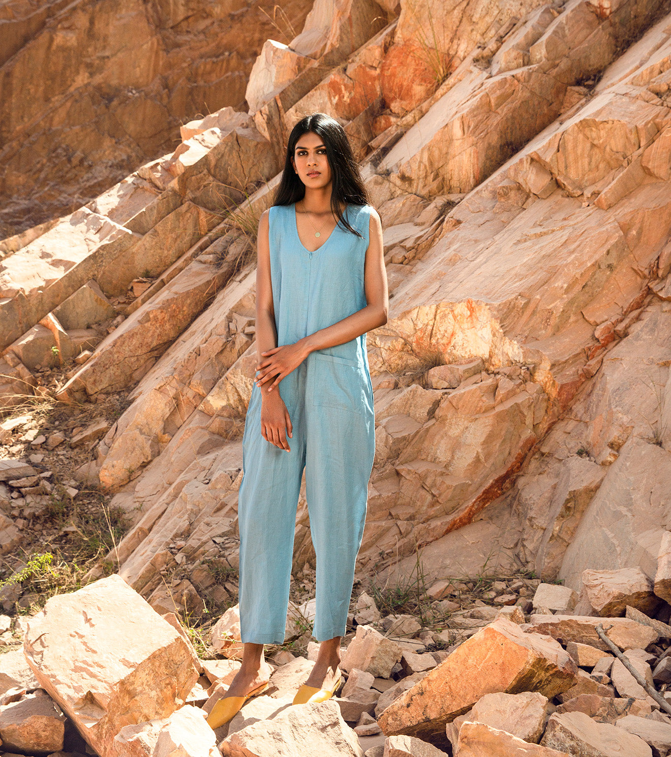 Blue Jumpsuit at Kamakhyaa by Khara Kapas. This item is 32 Days, Blue, Earth Party, Jumpsuits, Linen, Natural, Regular Fit, Resort Wear, Selfsame, Solids, Womenswear