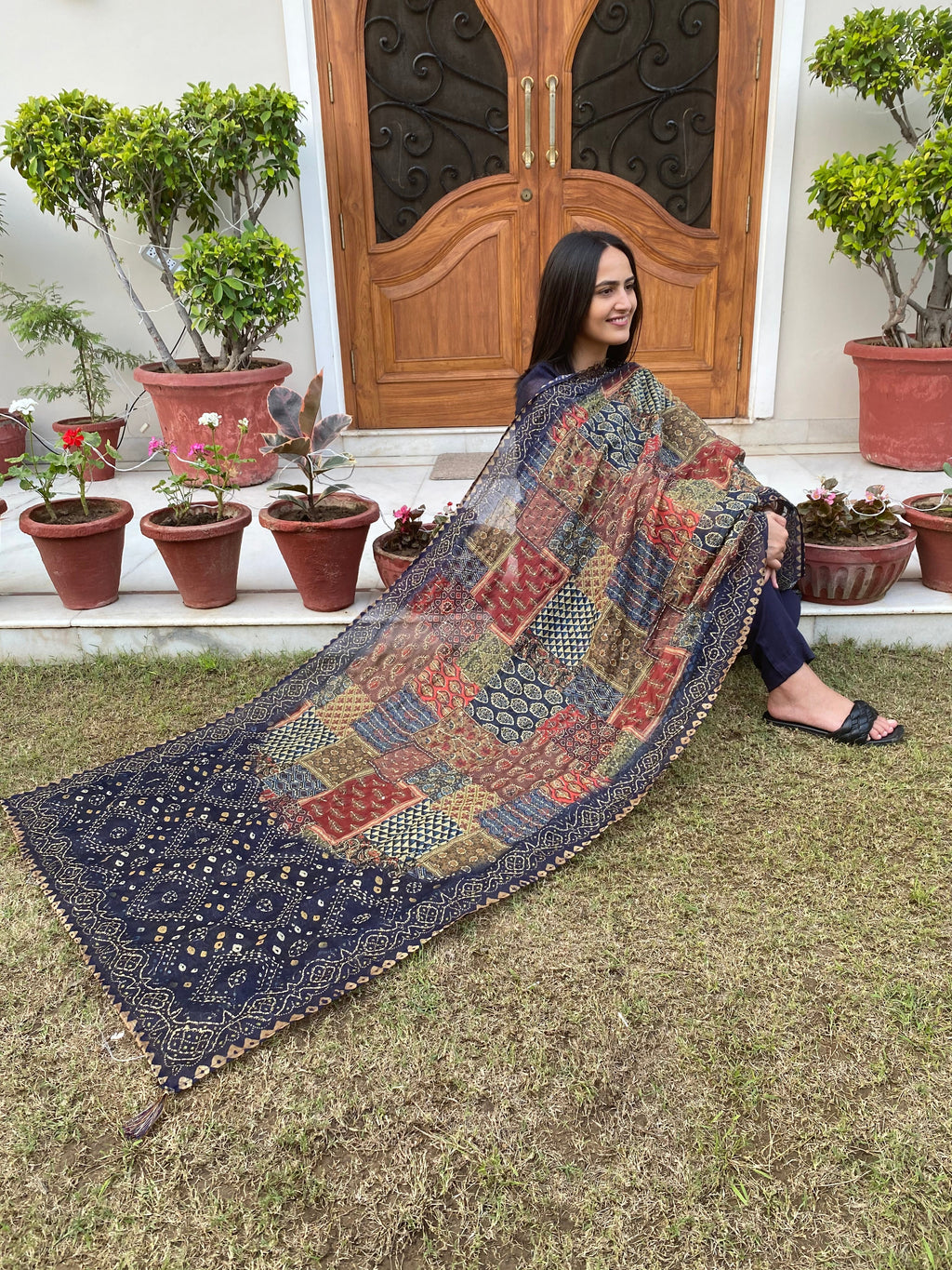 Blue Kantha Kurta Set With Dupatta at Kamakhyaa by Kamakhyaa. This item is Blue, Casual Wear, Chanderi, Cotton, Ethnic Wear, Kurta Pant Sets, Kurta Set with Dupattas, Natural, Regular Fit, Womenswear