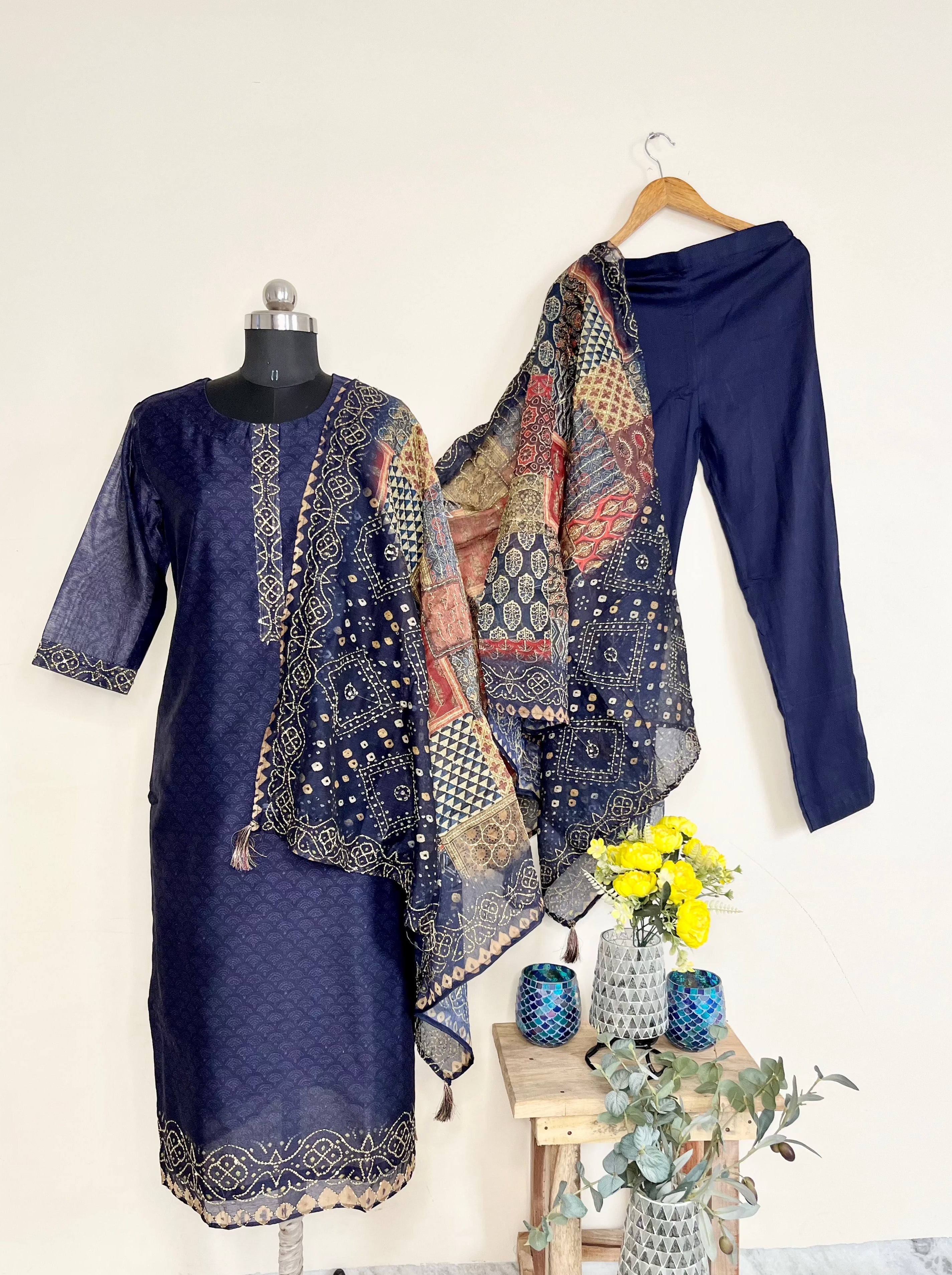 Blue Kantha Kurta Set With Dupatta at Kamakhyaa by Kamakhyaa. This item is Blue, Casual Wear, Chanderi, Cotton, Ethnic Wear, Kurta Pant Sets, Kurta Set with Dupattas, Natural, Regular Fit, Womenswear