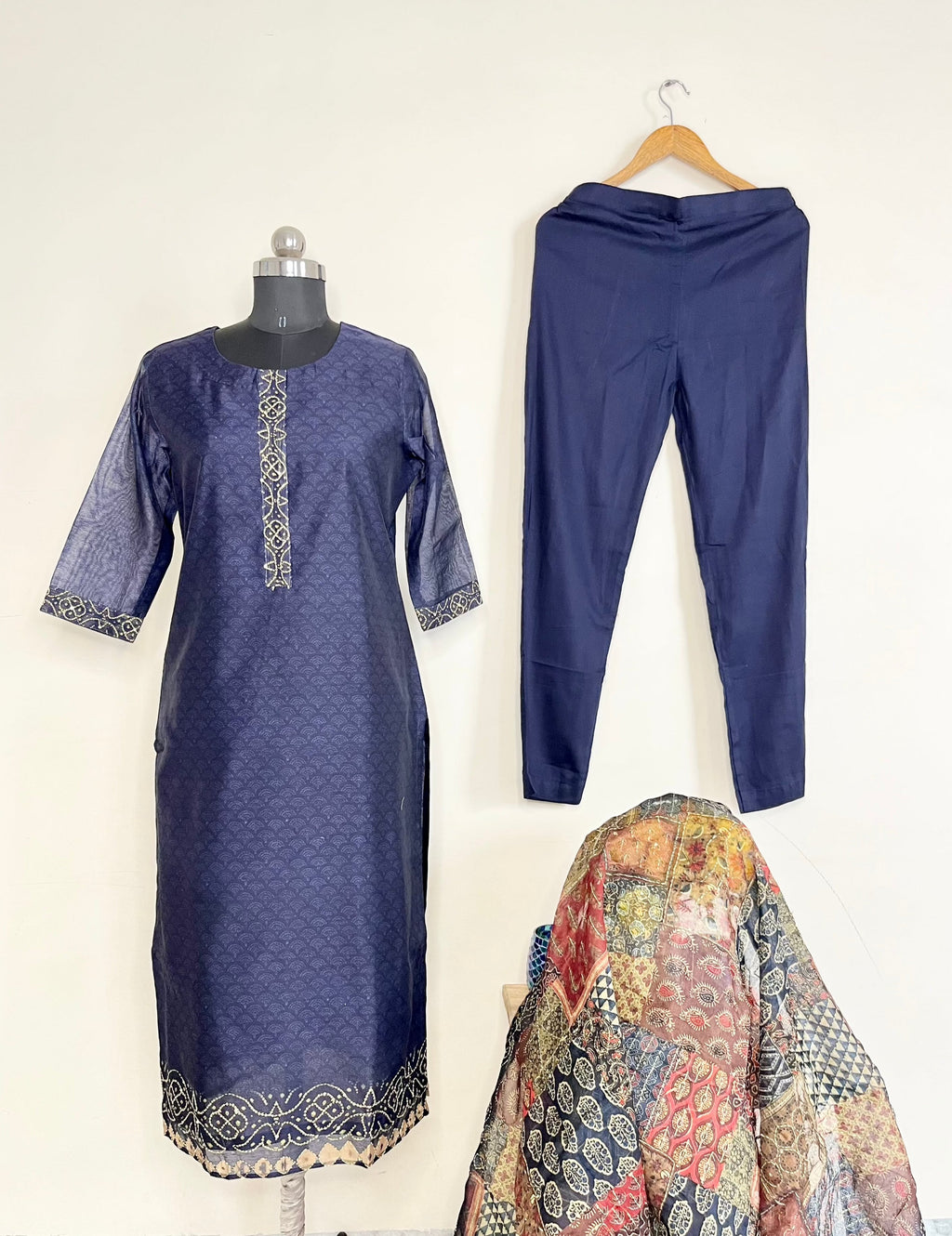 Blue Kantha Kurta Set With Dupatta at Kamakhyaa by Kamakhyaa. This item is Blue, Casual Wear, Chanderi, Cotton, Ethnic Wear, Kurta Pant Sets, Kurta Set with Dupattas, Natural, Regular Fit, Womenswear