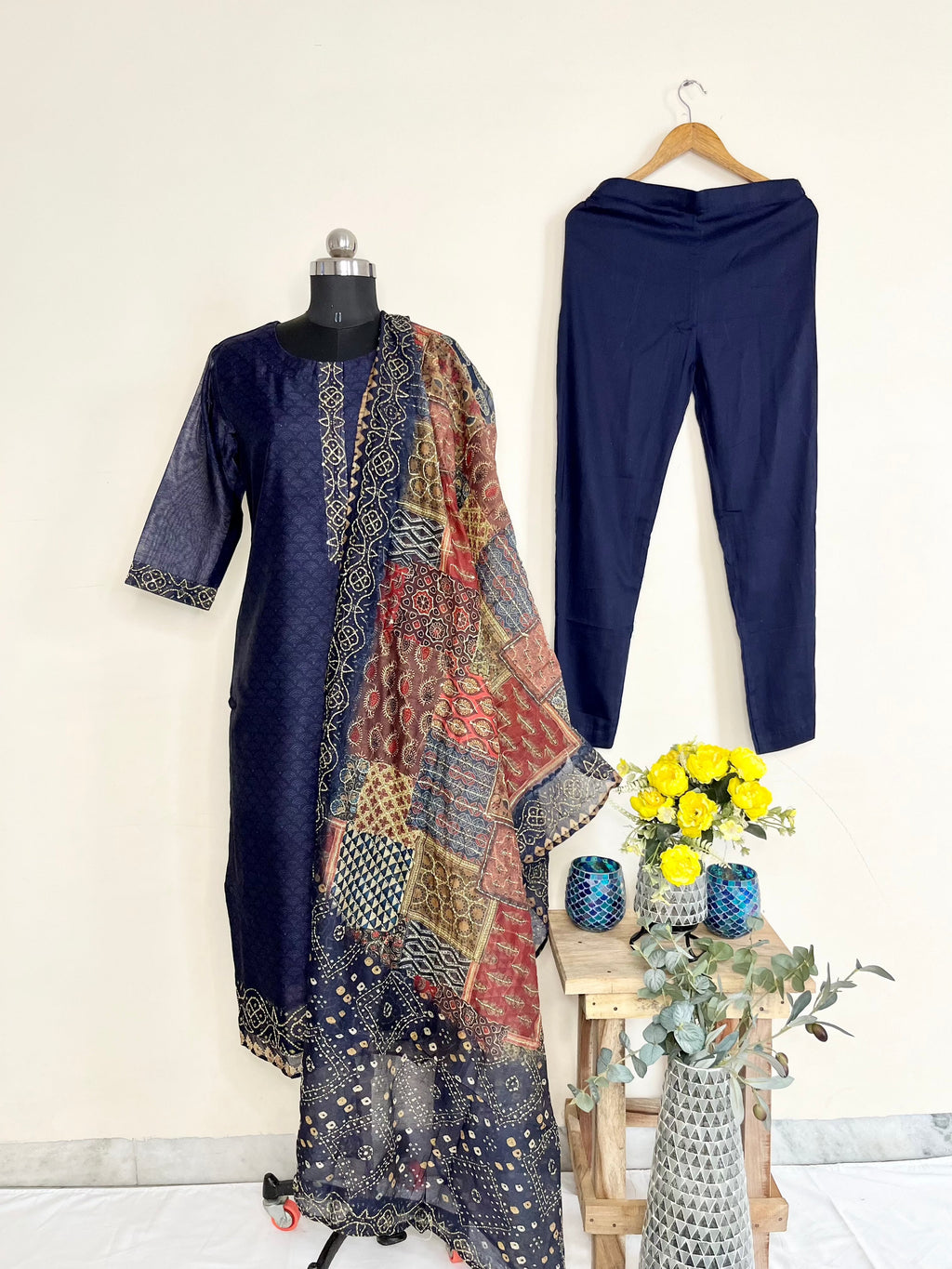 Blue Kantha Kurta Set With Dupatta at Kamakhyaa by Kamakhyaa. This item is Blue, Casual Wear, Chanderi, Cotton, Ethnic Wear, Kurta Pant Sets, Kurta Set with Dupattas, Natural, Regular Fit, Womenswear