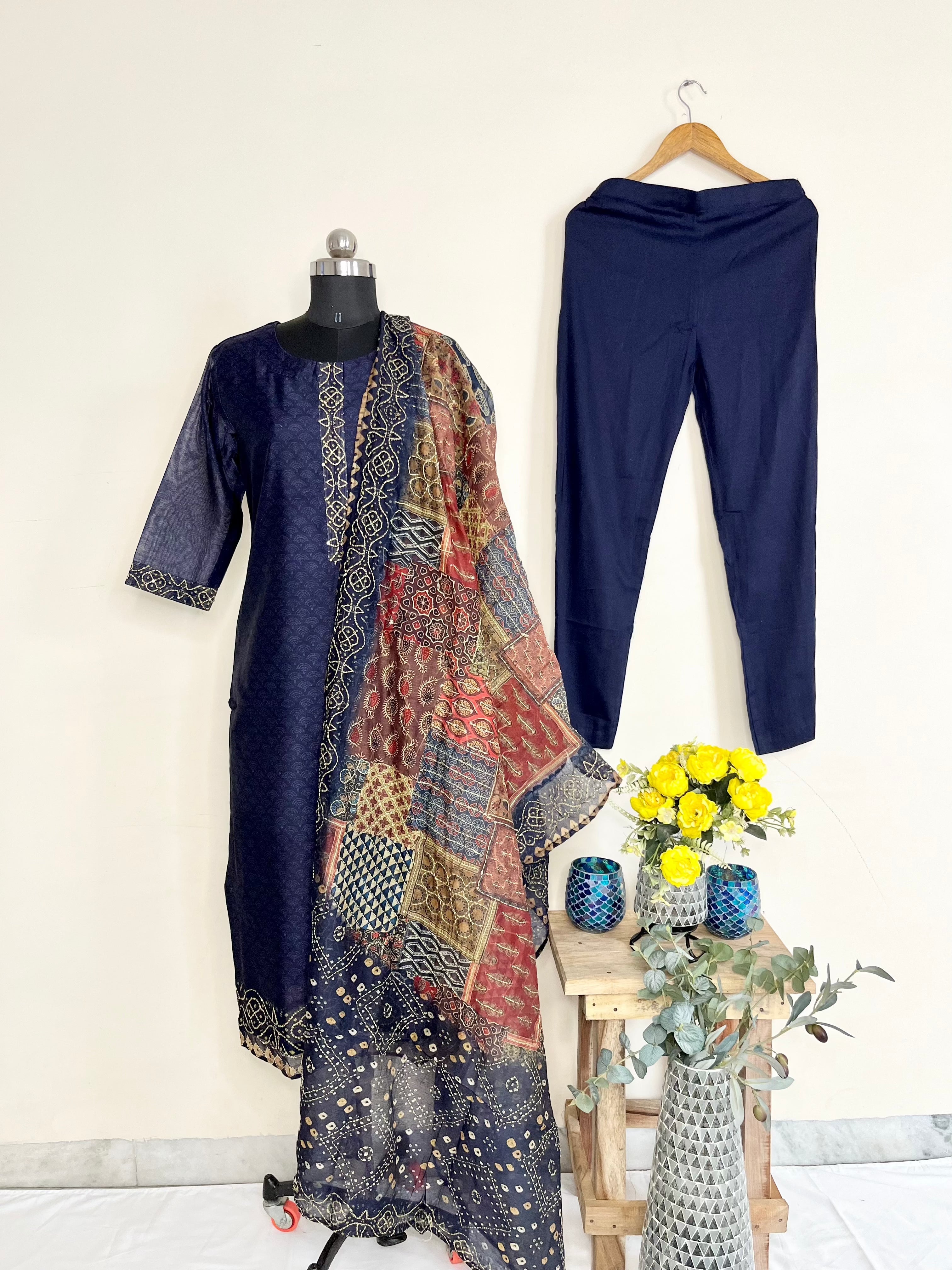 Blue Kantha Kurta Set With Dupatta at Kamakhyaa by Kamakhyaa. This item is Blue, Casual Wear, Chanderi, Cotton, Ethnic Wear, Kurta Pant Sets, Kurta Set with Dupattas, Natural, Regular Fit, Womenswear