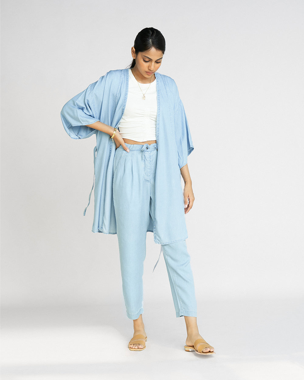 Blue Kimono Overlay at Kamakhyaa by Reistor. This item is Blue, Casual Wear, Denim, Natural, Overlays, Relaxed Fit, Shrugs, Solids, Tencel, Womenswear