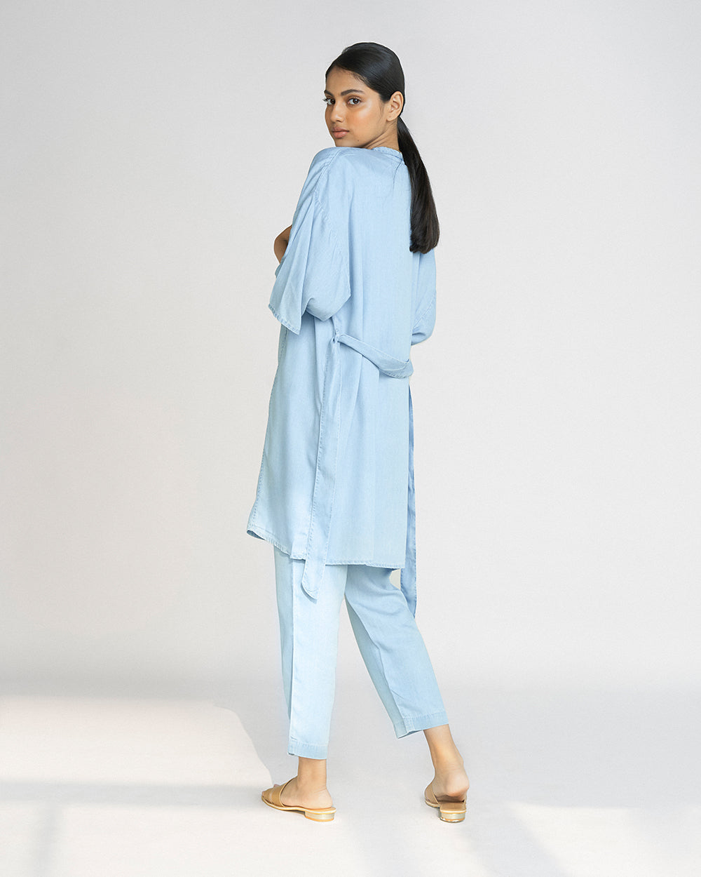 Blue Kimono Overlay at Kamakhyaa by Reistor. This item is Blue, Casual Wear, Denim, Natural, Overlays, Relaxed Fit, Shrugs, Solids, Tencel, Womenswear