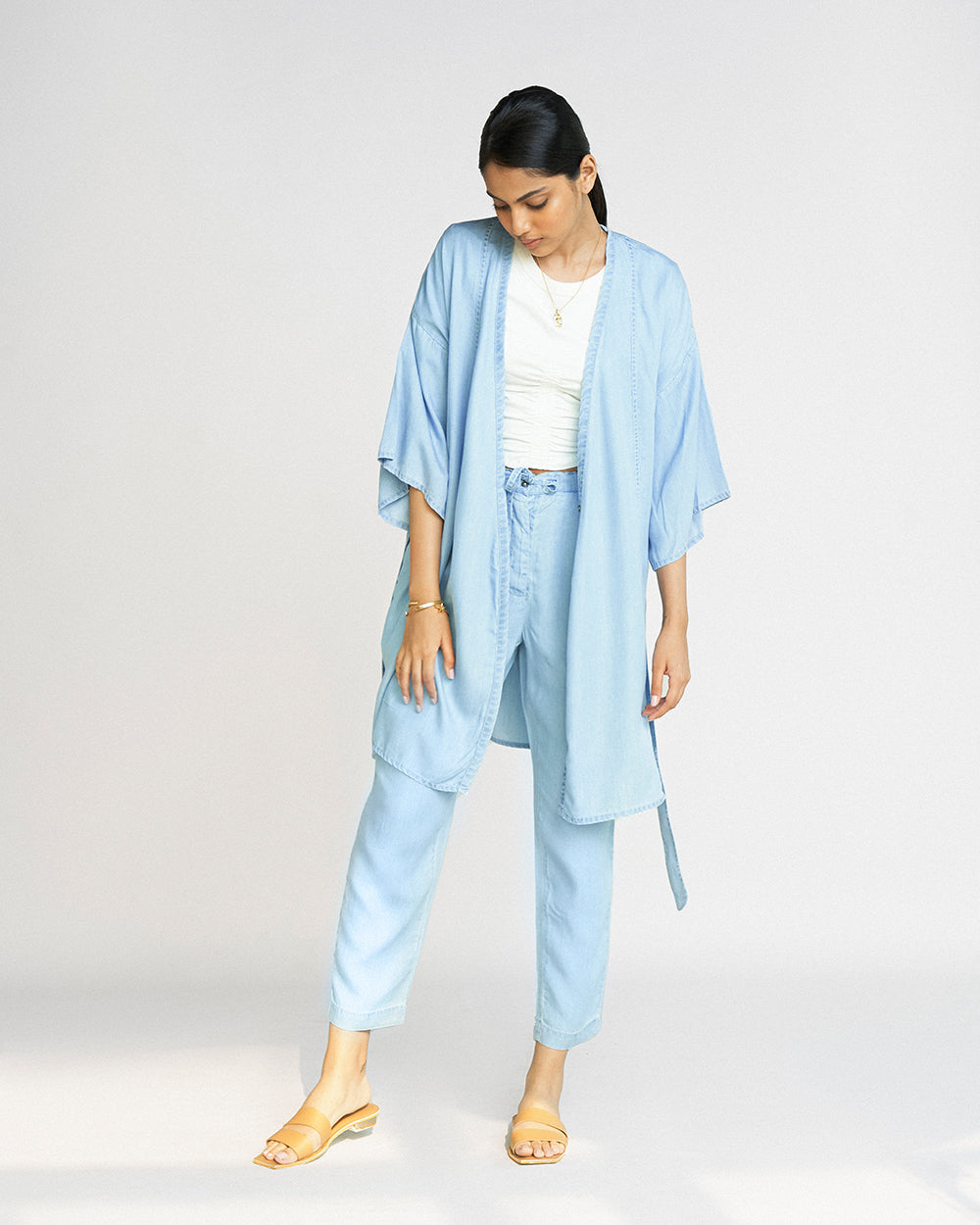 Blue Kimono Overlay at Kamakhyaa by Reistor. This item is Blue, Casual Wear, Denim, Natural, Overlays, Relaxed Fit, Shrugs, Solids, Tencel, Womenswear