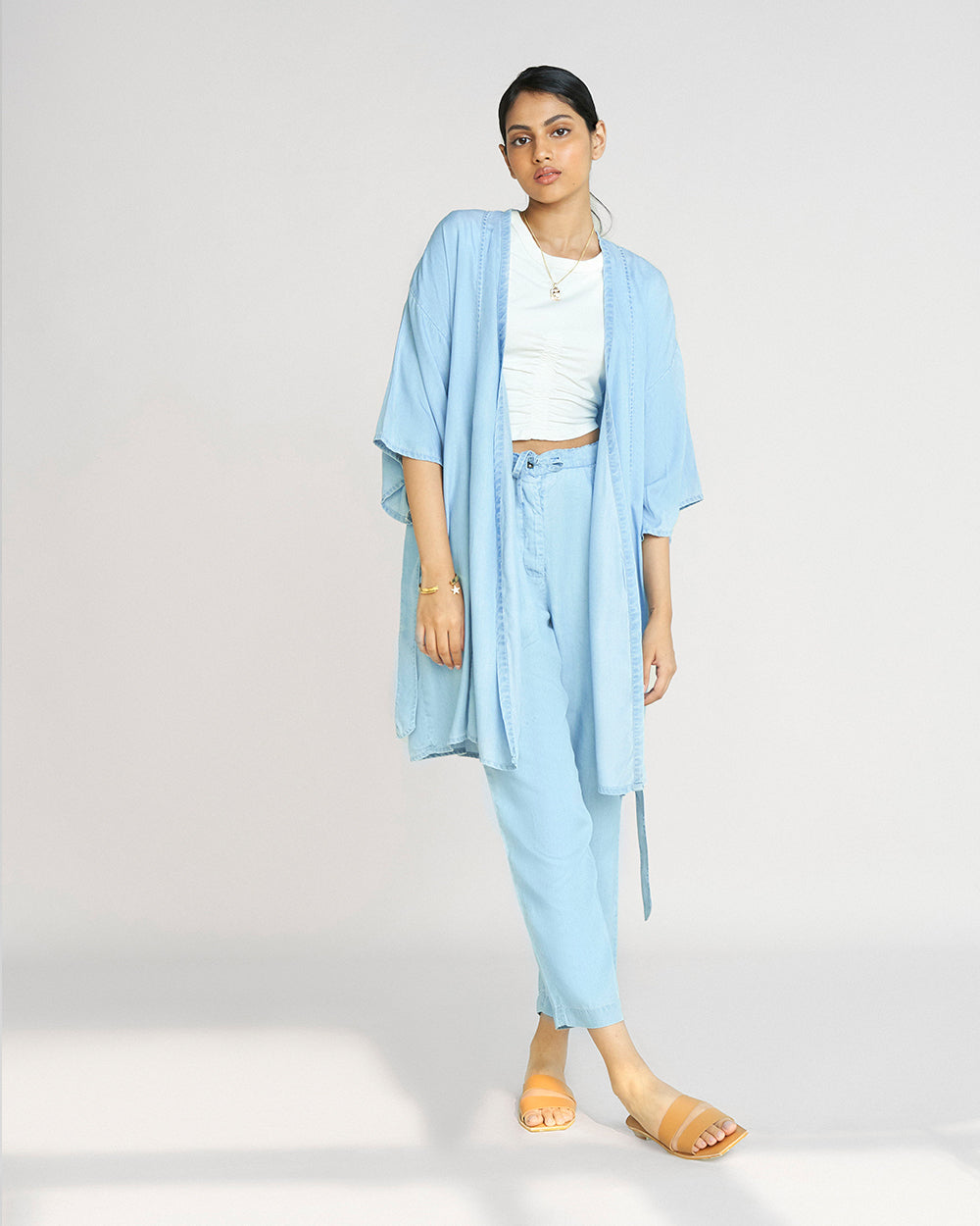 Blue Kimono Overlay at Kamakhyaa by Reistor. This item is Blue, Casual Wear, Denim, Natural, Overlays, Relaxed Fit, Shrugs, Solids, Tencel, Womenswear