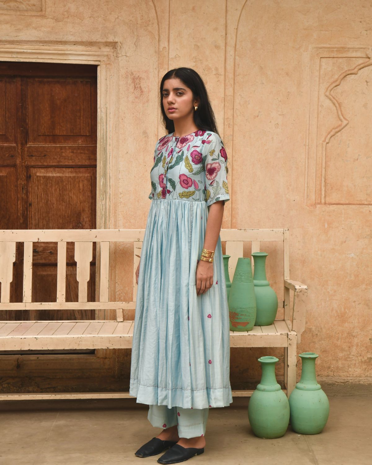 Blue Kurta Pant Set at Kamakhyaa by Taro. This item is Beads work, Blue, Casual Wear, Chanderi Silk, Digital Print, Embroidered, Enchanted Garden, Evening Wear, Festive Wear, Handcrafted buttons, Indian Wear, July Sale, July Sale 2023, Kurta Pant Sets, Natural, Natural with azo free dyes, Relaxed Fit, Womenswear