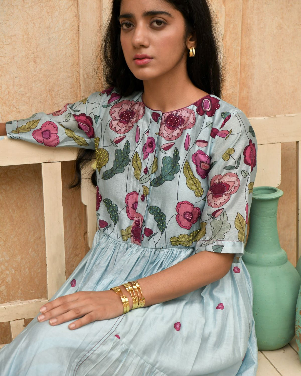 Blue Kurta Pant Set at Kamakhyaa by Taro. This item is Beads work, Blue, Casual Wear, Chanderi Silk, Digital Print, Embroidered, Enchanted Garden, Evening Wear, Festive Wear, Handcrafted buttons, Indian Wear, July Sale, July Sale 2023, Kurta Pant Sets, Natural, Natural with azo free dyes, Relaxed Fit, Womenswear