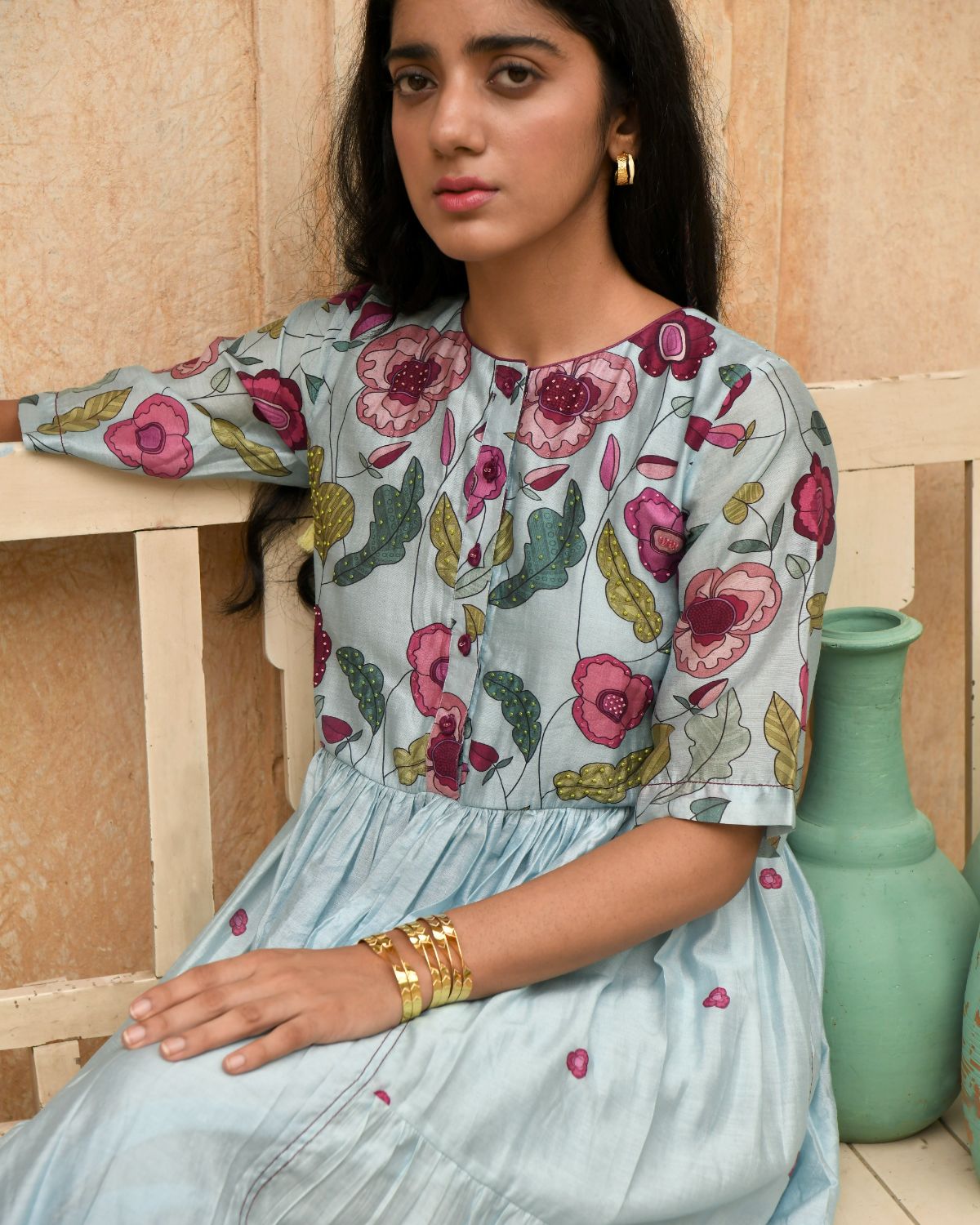 Blue Kurta Pant Set at Kamakhyaa by Taro. This item is Beads work, Blue, Casual Wear, Chanderi Silk, Digital Print, Embroidered, Enchanted Garden, Evening Wear, Festive Wear, Handcrafted buttons, Indian Wear, July Sale, July Sale 2023, Kurta Pant Sets, Natural, Natural with azo free dyes, Relaxed Fit, Womenswear