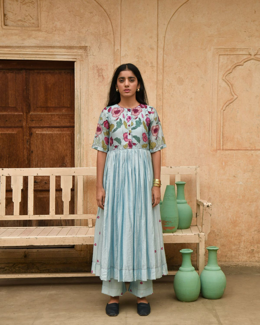 Blue Kurta Pant Set at Kamakhyaa by Taro. This item is Beads work, Blue, Casual Wear, Chanderi Silk, Digital Print, Embroidered, Enchanted Garden, Evening Wear, Festive Wear, Handcrafted buttons, Indian Wear, July Sale, July Sale 2023, Kurta Pant Sets, Natural, Natural with azo free dyes, Relaxed Fit, Womenswear