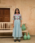 Blue Kurta Pant Set at Kamakhyaa by Taro. This item is Beads work, Blue, Casual Wear, Chanderi Silk, Digital Print, Embroidered, Enchanted Garden, Evening Wear, Festive Wear, Handcrafted buttons, Indian Wear, July Sale, July Sale 2023, Kurta Pant Sets, Natural, Natural with azo free dyes, Relaxed Fit, Womenswear