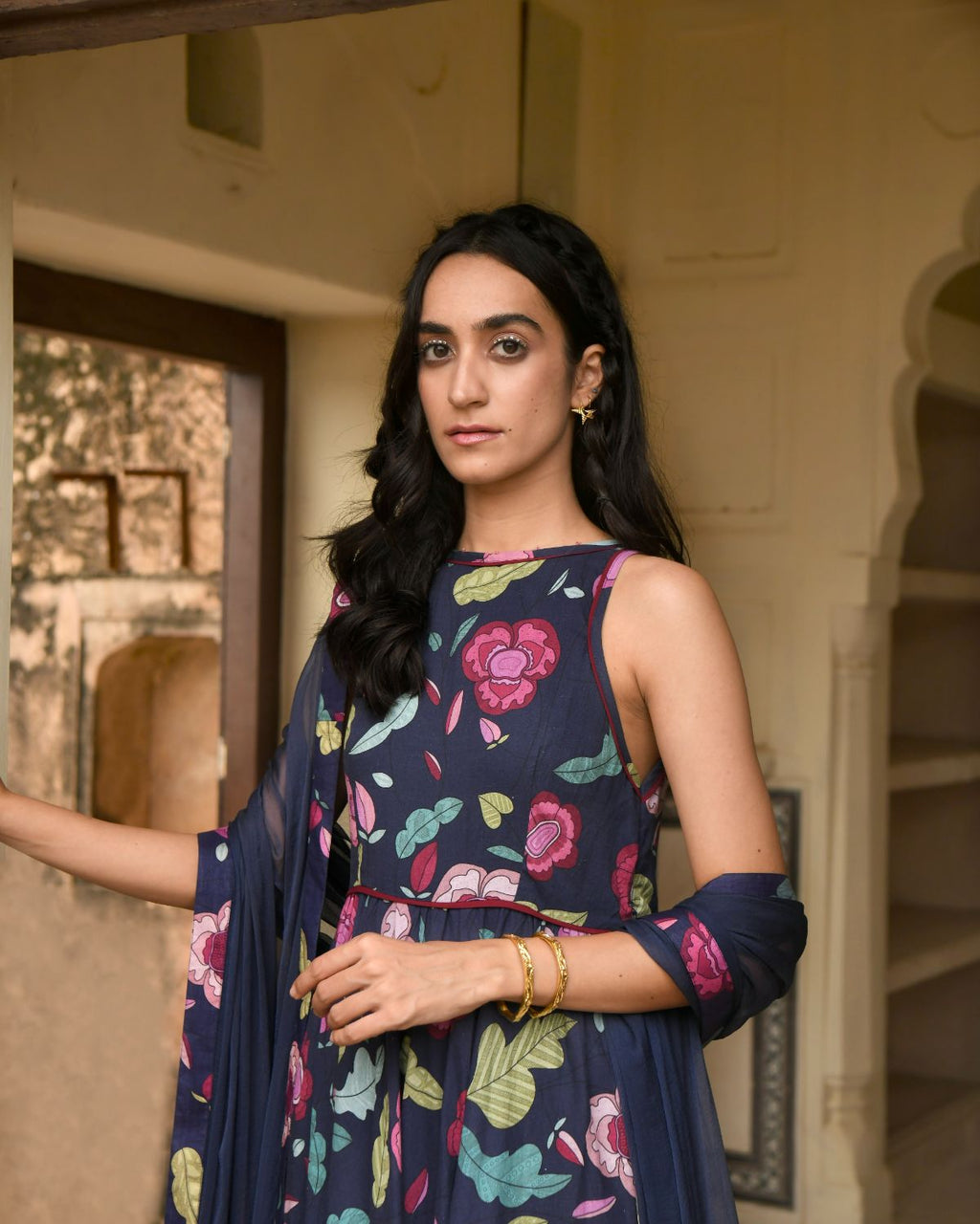 Blue Kurta Set With Chiffon Dupatta at Kamakhyaa by Taro. This item is Blue, Casual Wear, Chiffon, Digital Print, Enchanted Garden, Evening Wear, Fitted At Waist, Indian Wear, July Sale, July Sale 2023, Kurta Pant Sets, Kurta Set With Dupatta, Mulmul, Natural, Natural with azo free dyes, Womenswear